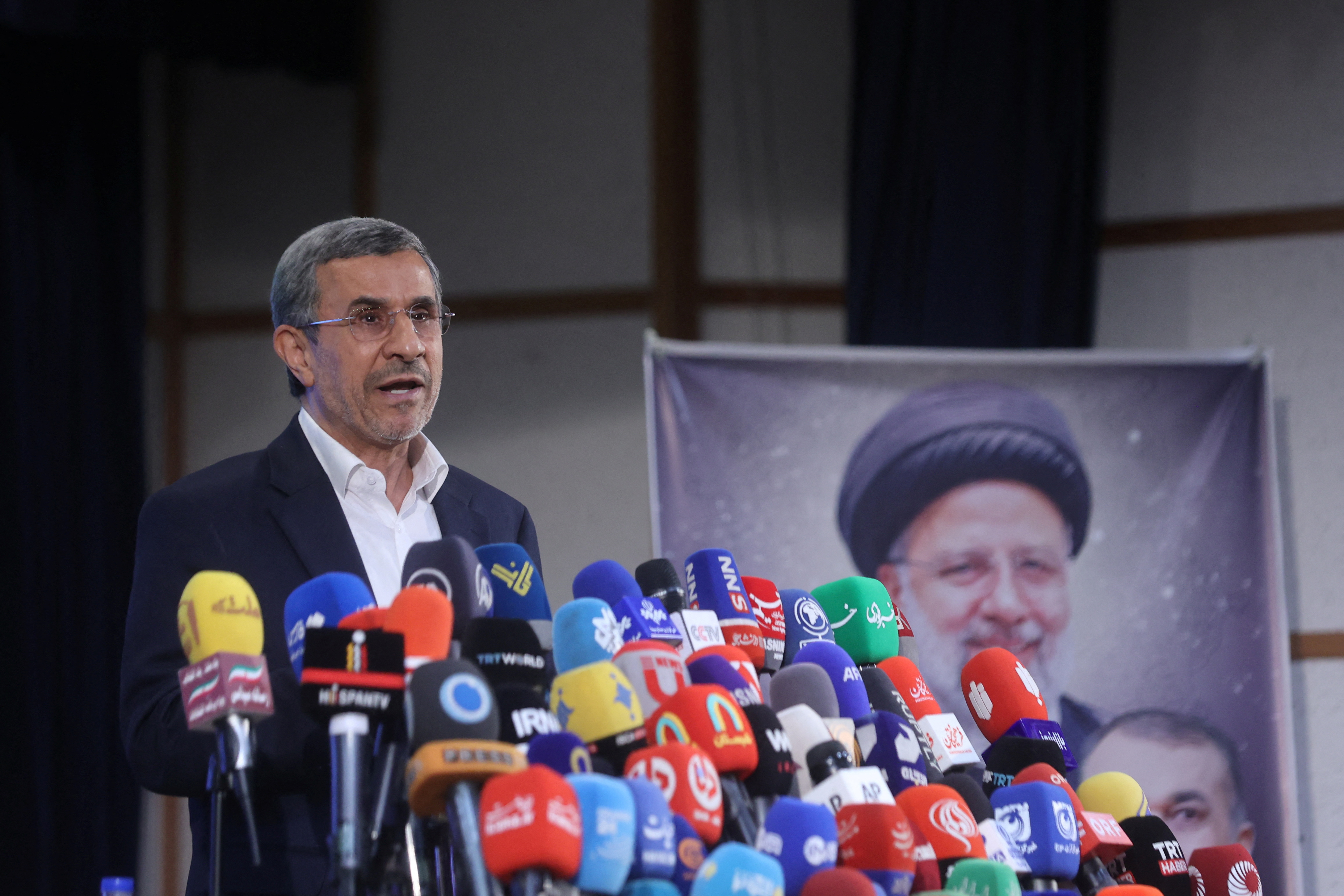 Mahmoud Ahmadinejad former president of Iran, speaks at a press conference after registering as a candidate for the presidential election at the Interior Ministry, in Tehran
