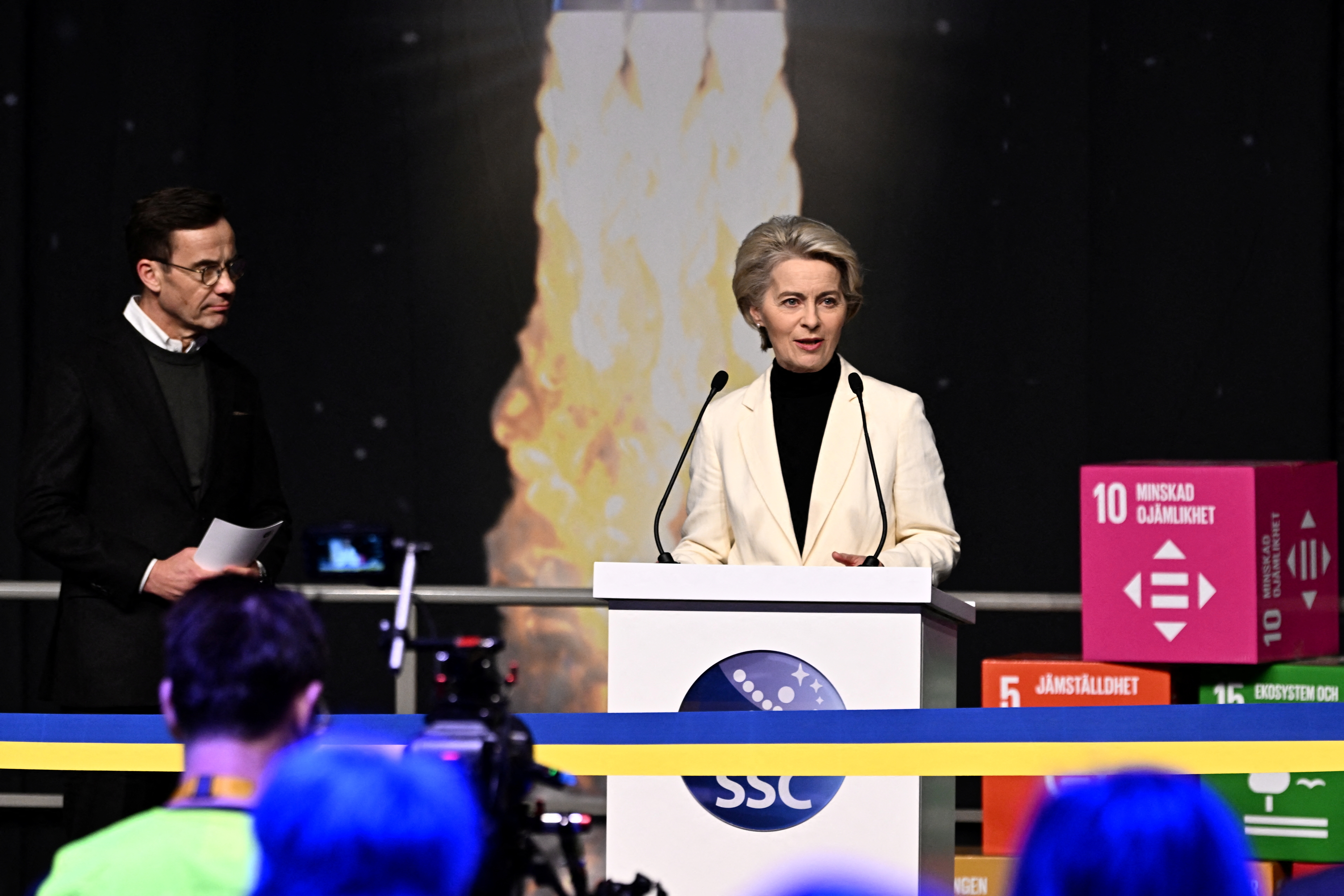 European Commission President Ursula von der Leyen and Sweden's Prime Minister Ulf Kristersson attend the inauguration of Spaceport Esrange outside Kiruna