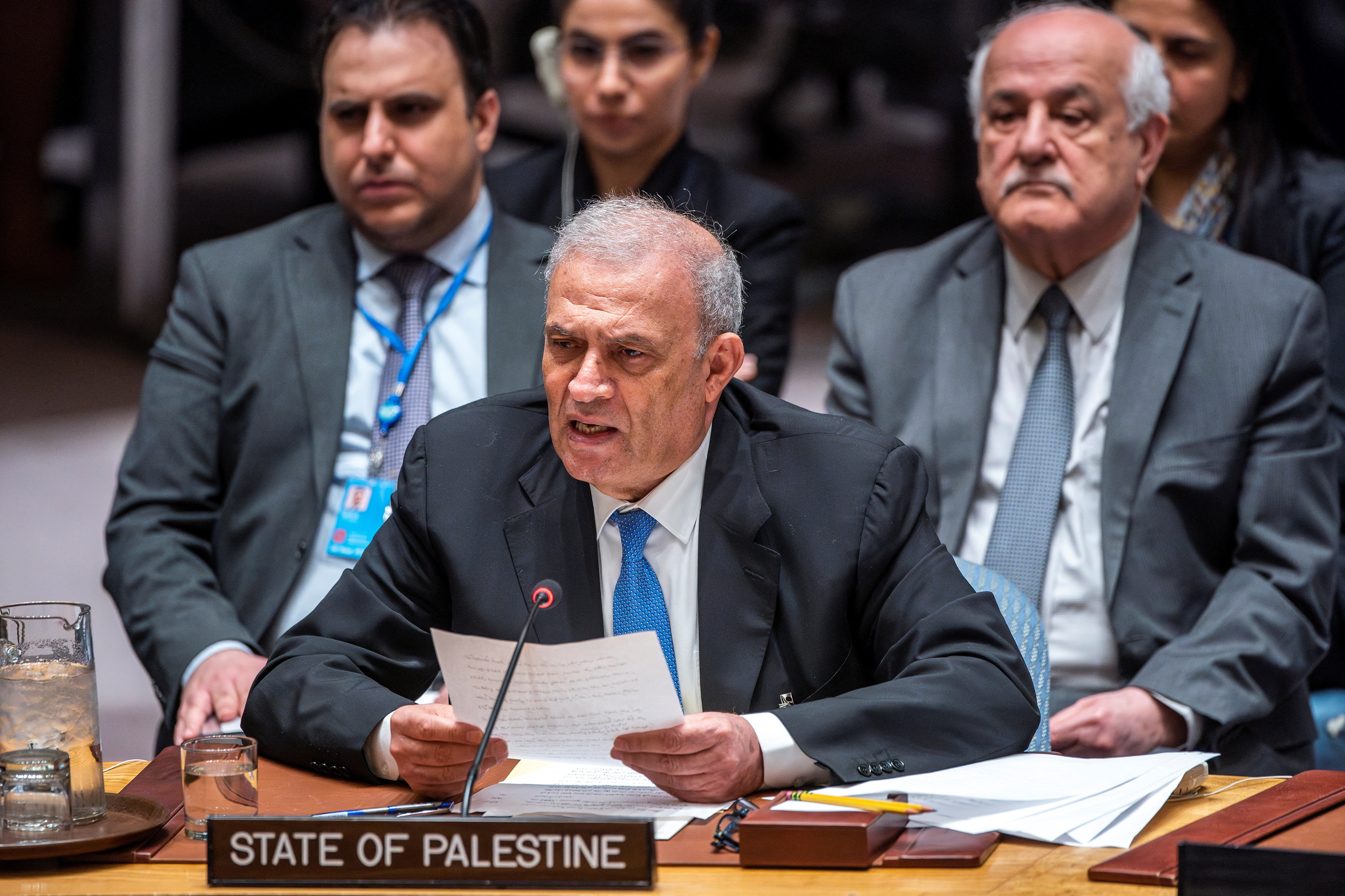 Ziad Abu-Amr, member of the Palestinian Legislative Council speaks to members of Security Council as he attends a meeting to address the situation in the Middle East, including the Palestinian question, at U.N. headquarters in New York City, New York, U.S., April 18, 2024. REUTERS/Eduardo Munoz 
