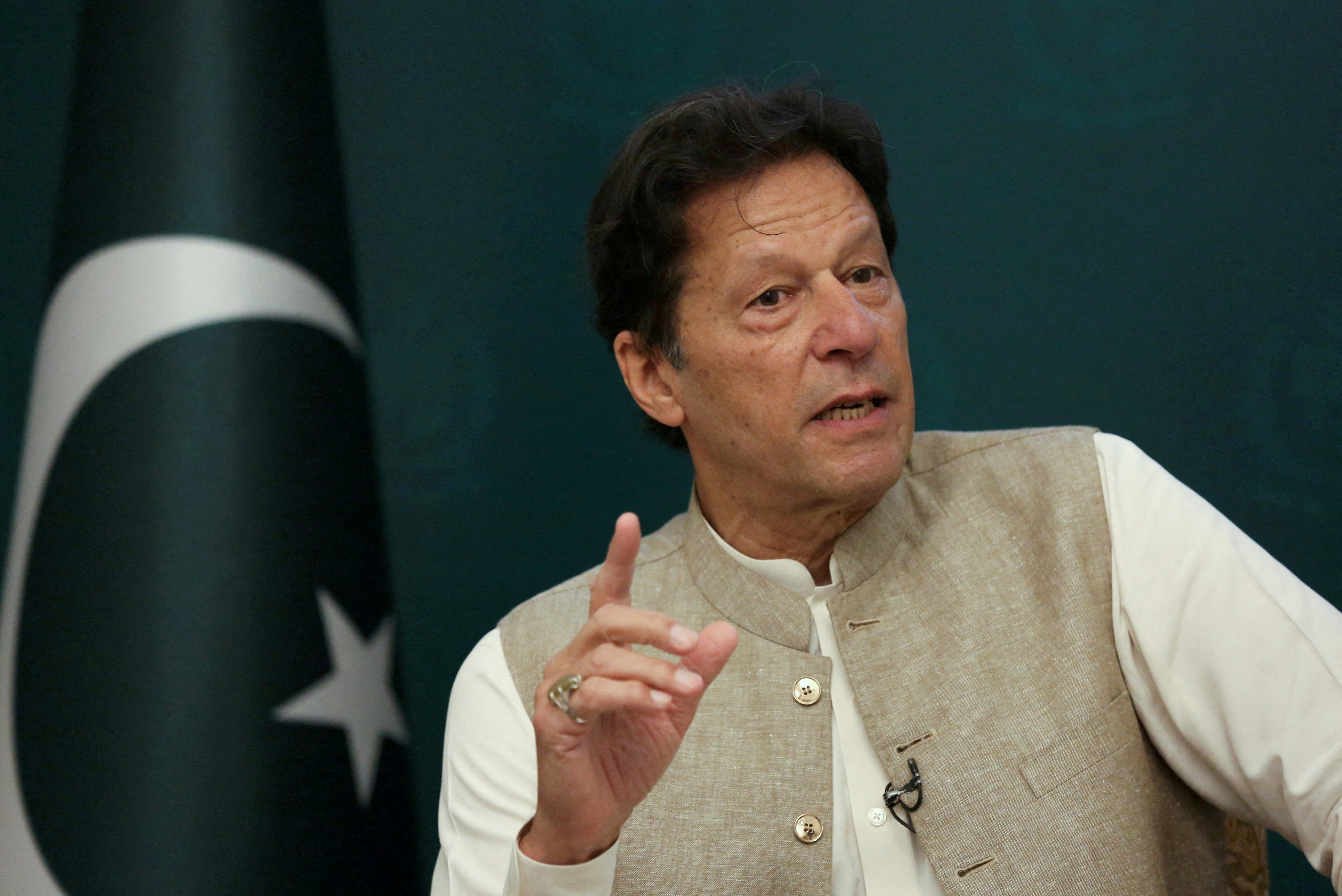 Pakistani Prime Minister Imran Khan speaks during an interview with Reuters in Islamabad