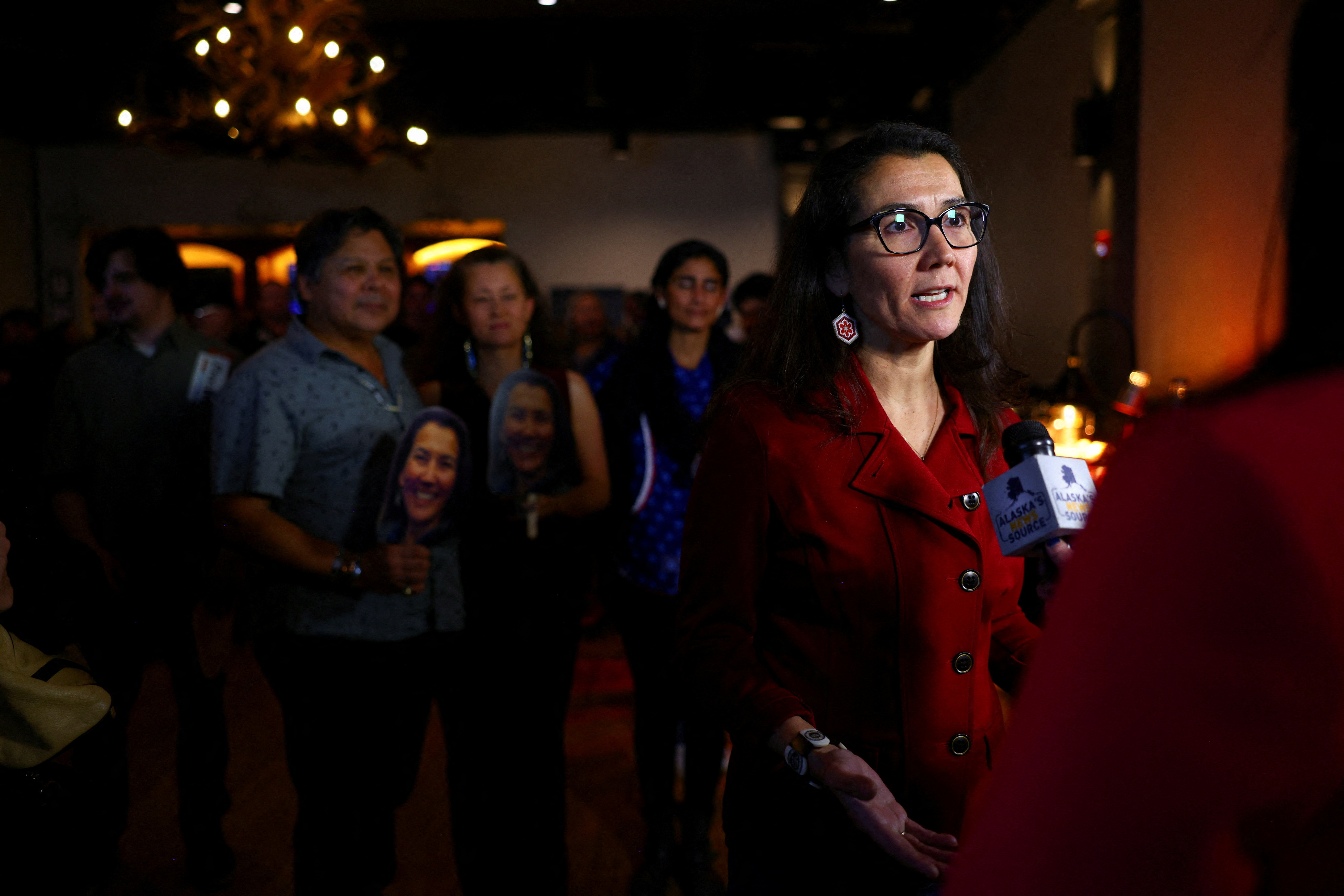 U.S. Representative Mary Peltola reacts during her U.S. election night party in Anchorage