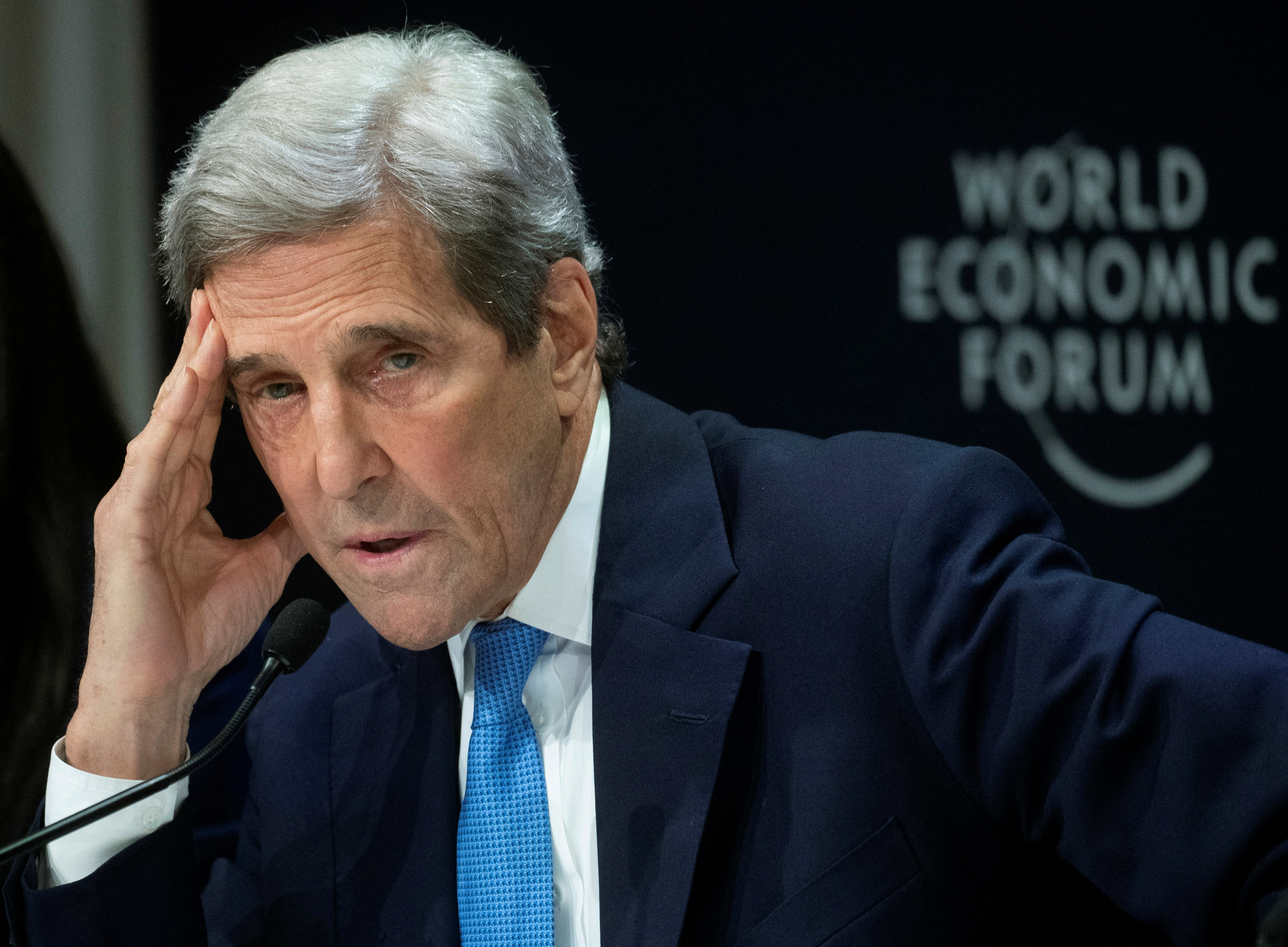 U.S. climate envoy Kerry at a news conference at the World Economic Forum 2022 in Davos