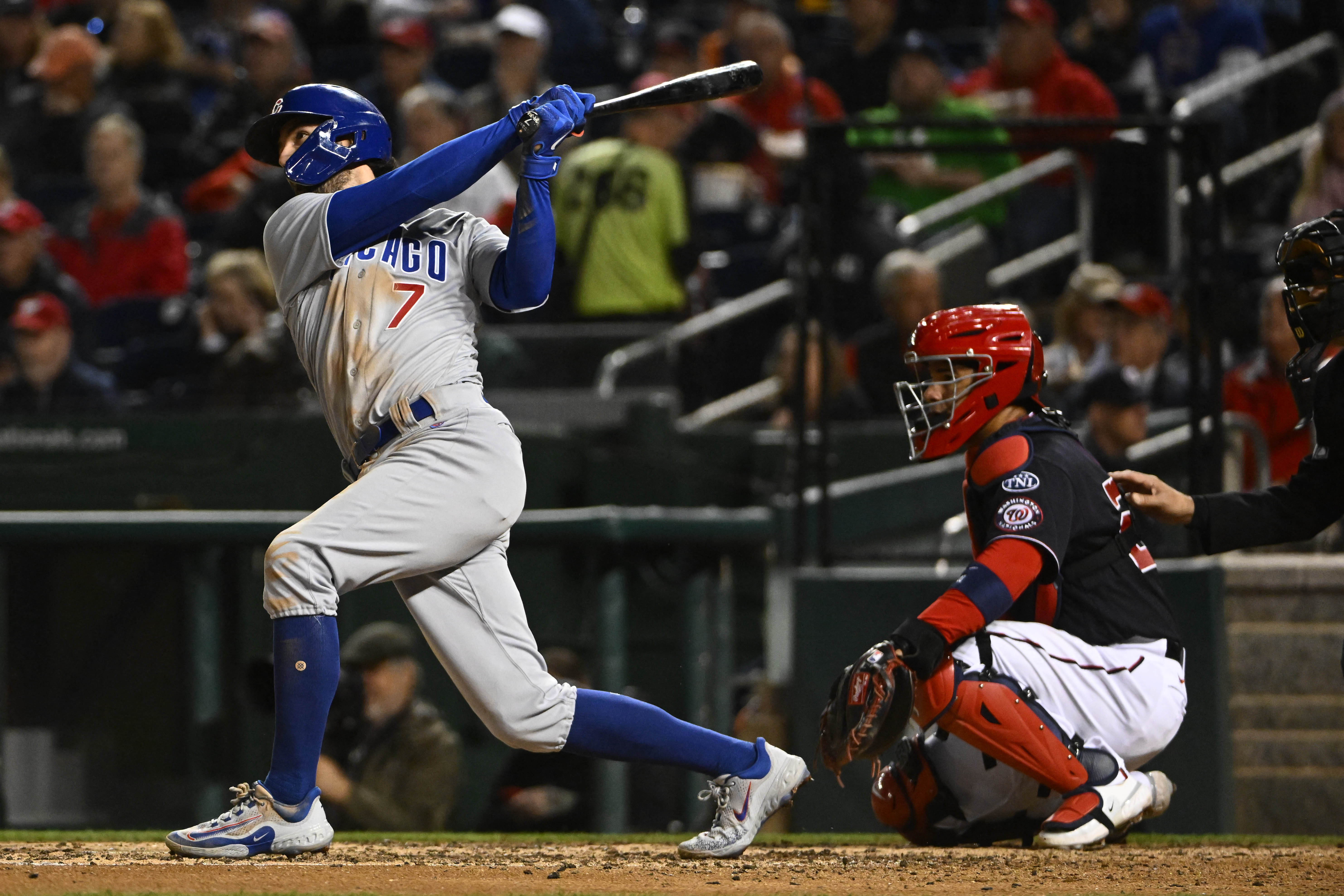 Washington Dc, United States. 04th May, 2023. Chicago Cubs shortstop Dansby  Swanson (7) drops his bat as he starts to run towards first at the  Washington Nationals vs Chicago Cubs game at