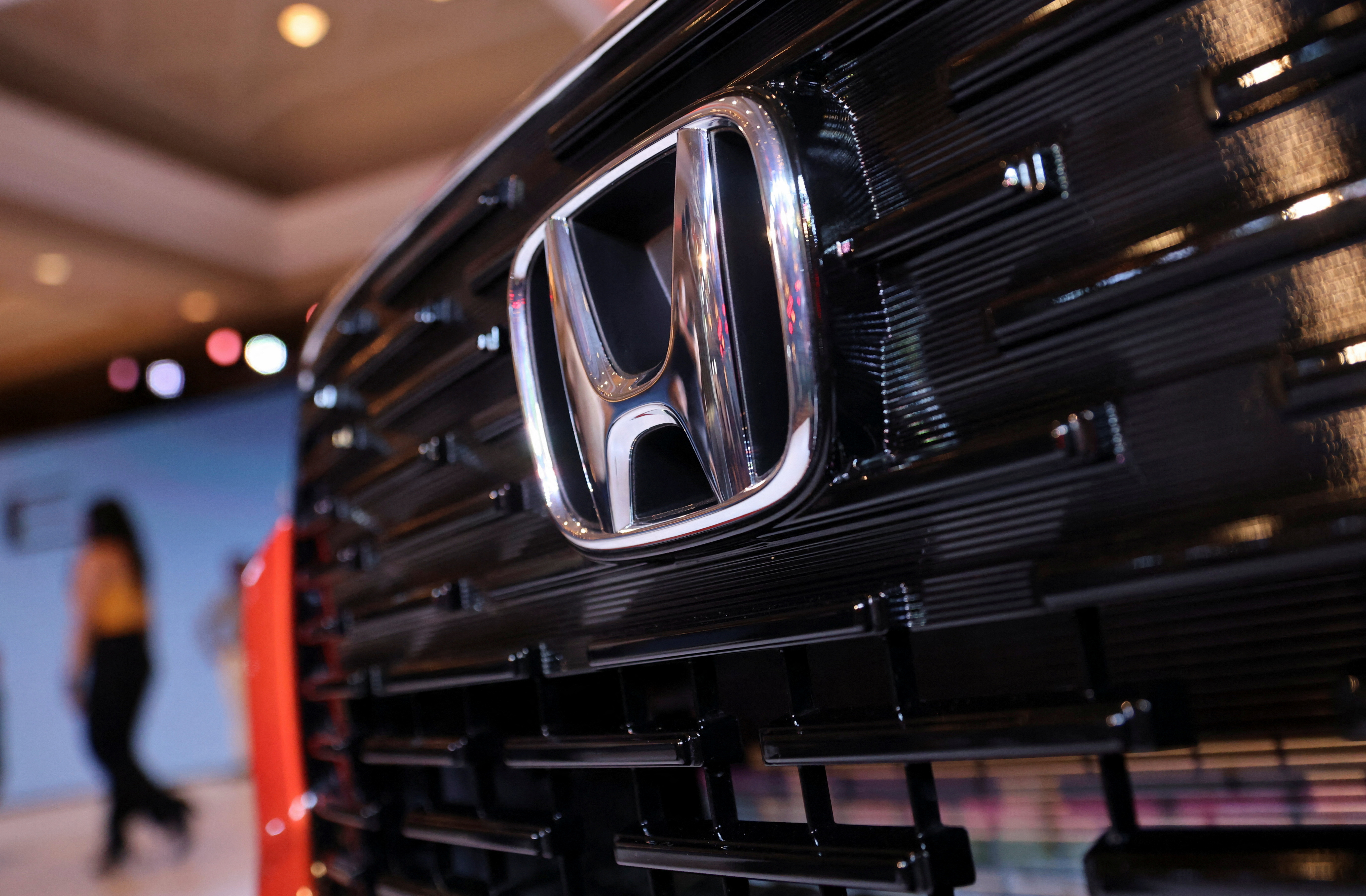 Honda's logo is seen on the front grill of the new SUV Elevate during its world premiere at an event in New Delhi