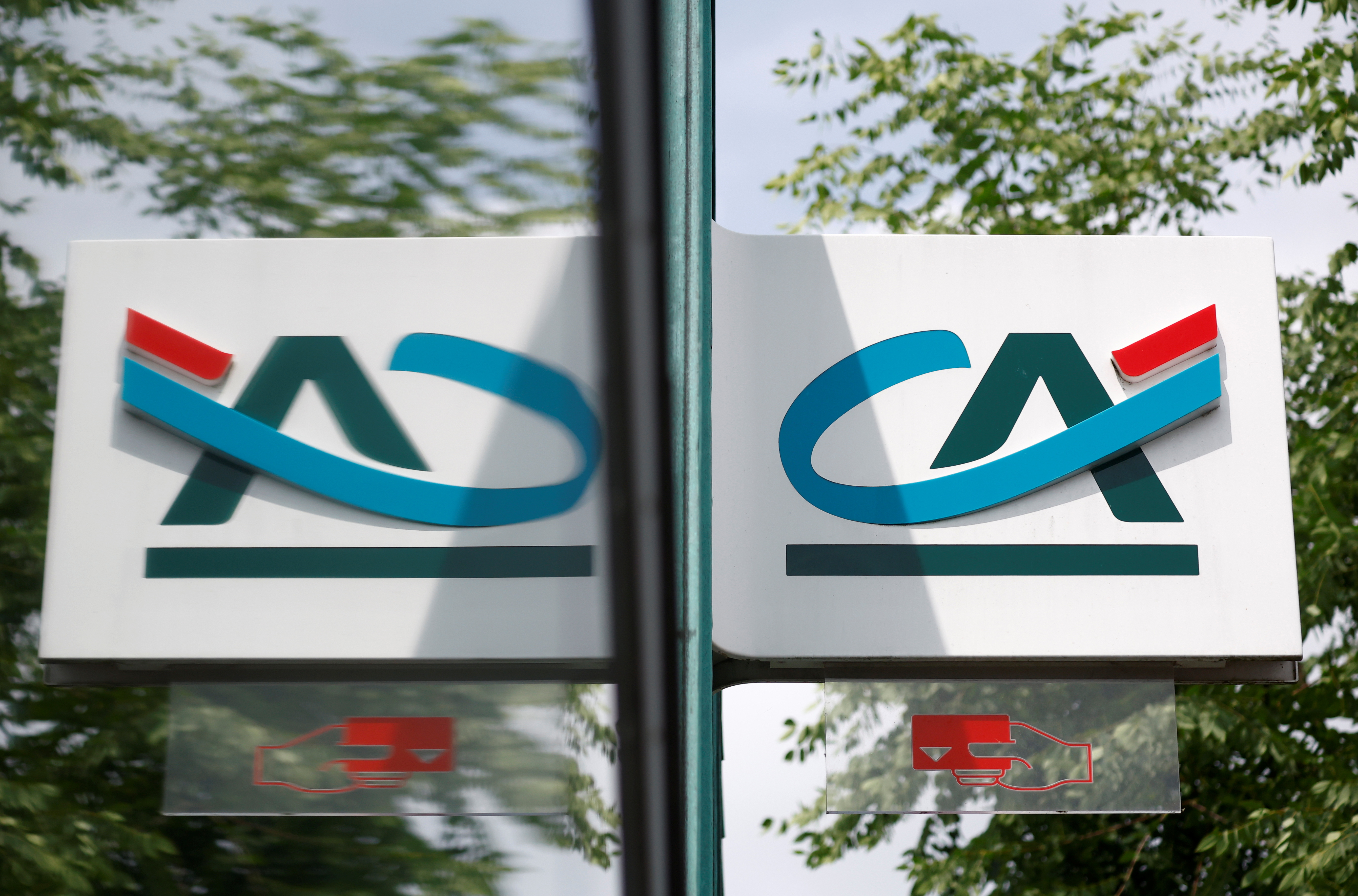 Logo of Credit Agricole logo outside a bank office in Reze