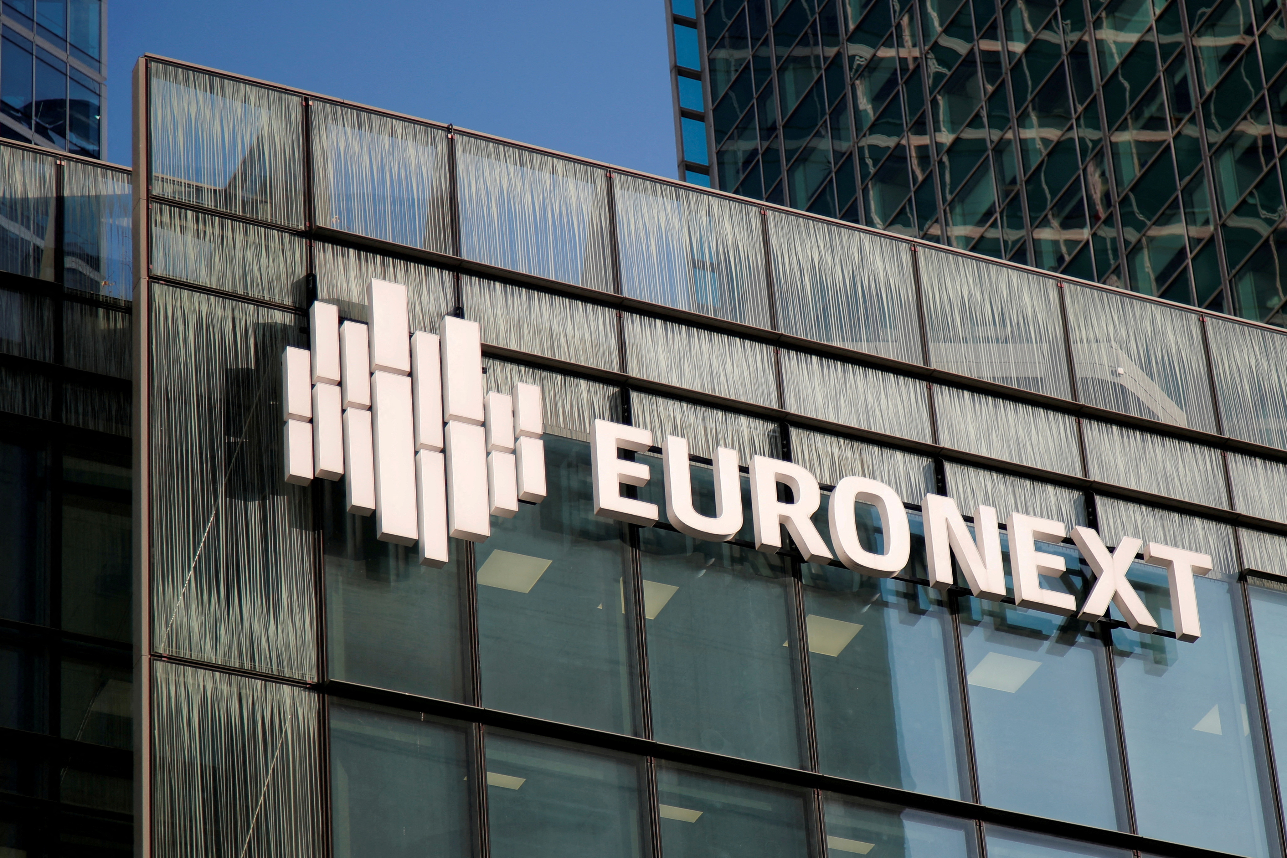 Logo of Euronext is seen on the headquarters at La Defense business and financial district in Courbevoie near Paris