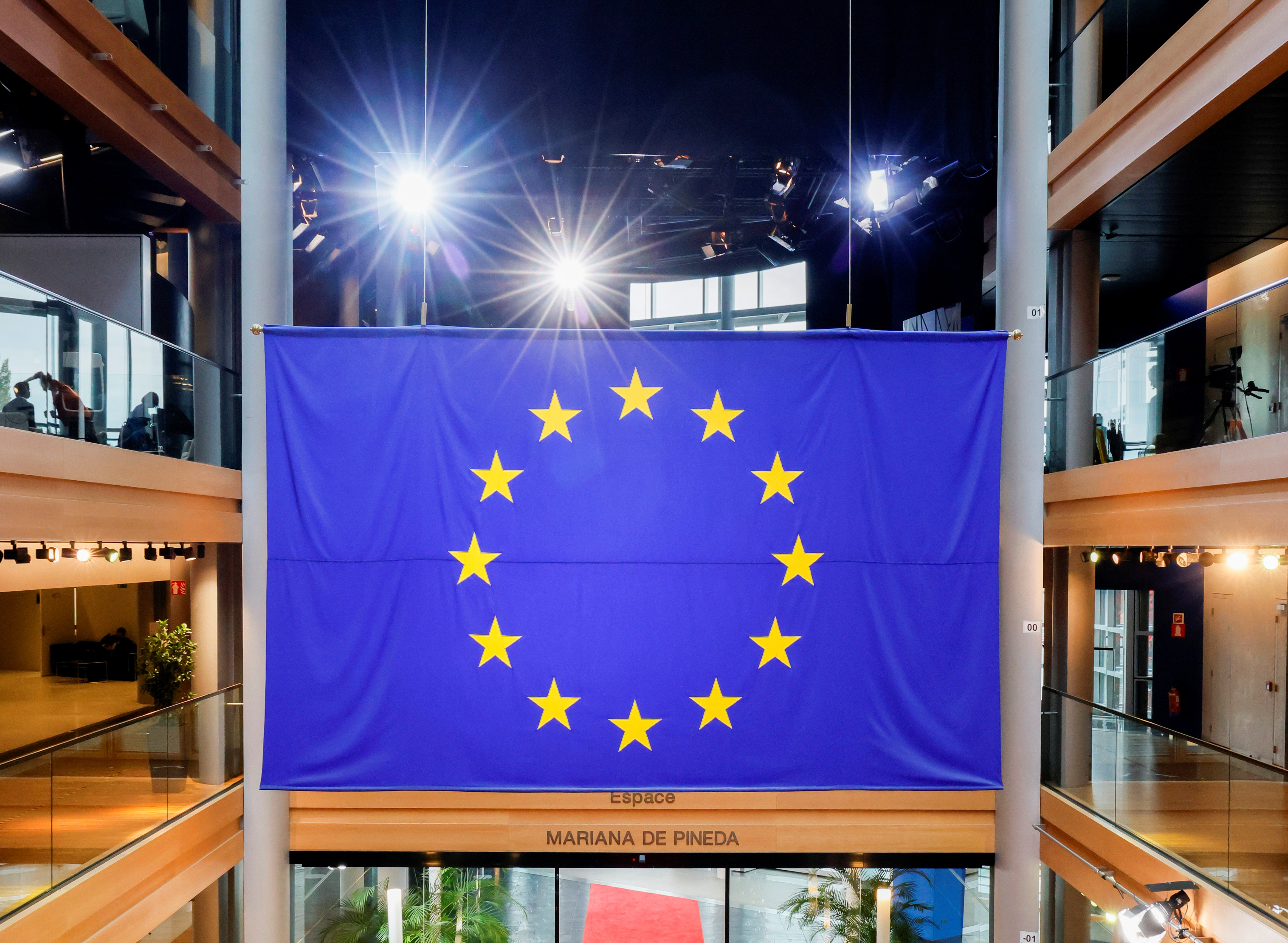 A view of a flag of the European Union during a debate on Poland's challenge to the supremacy of EU laws, in Strasbourg