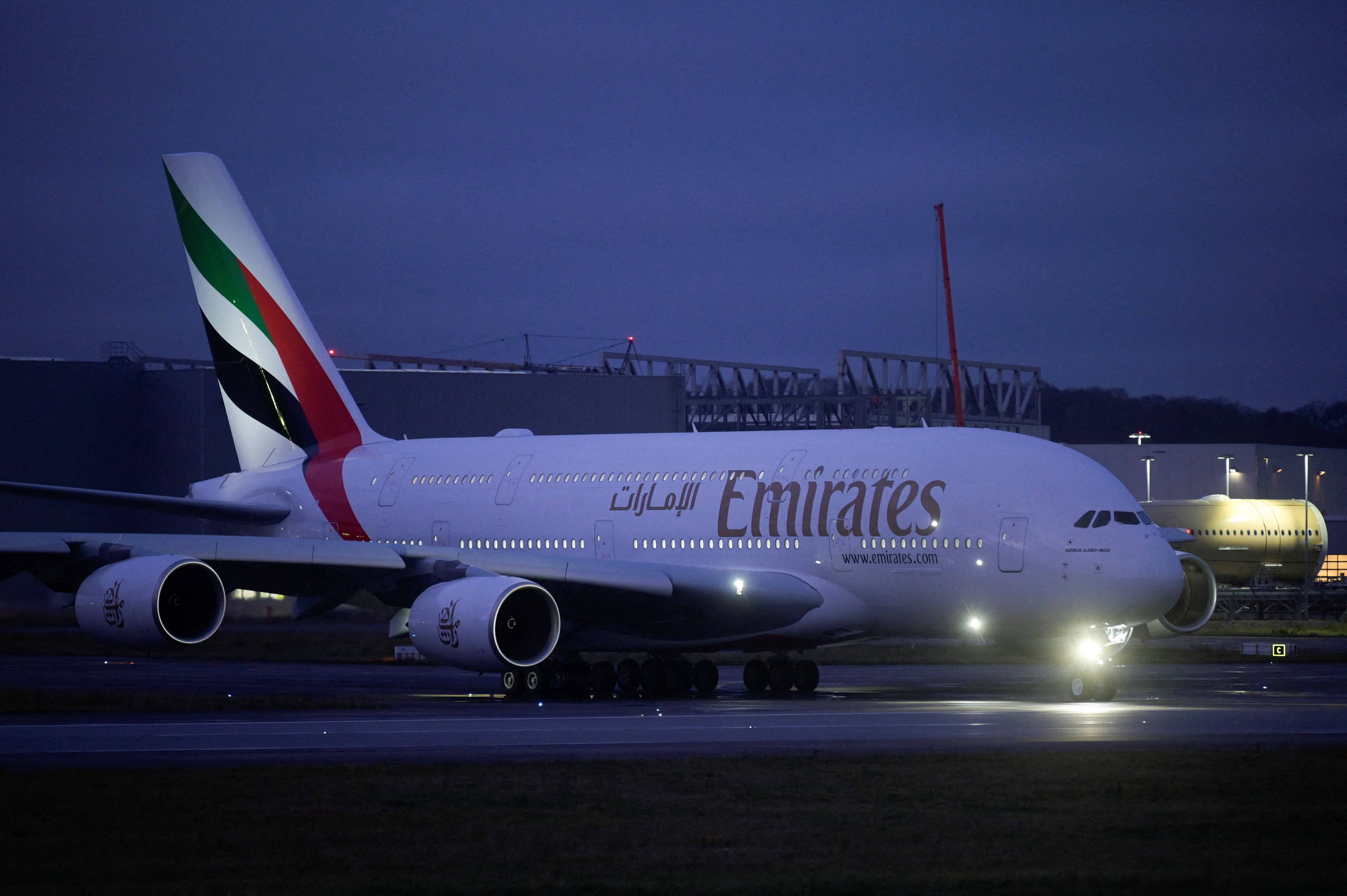 An Airbus A380 takes off after Airbus makes its last ever delivery of an A380 to Emirates in Hamburg-Finkenwerder