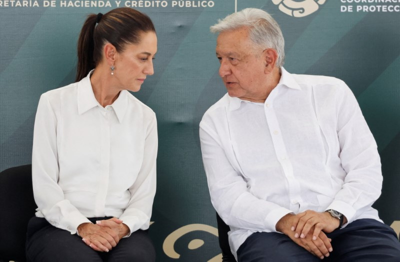 Mexico's President Andres Manuel Lopez Obrador and President-elect Claudia Sheinbaum hold an event with relatives of Pasta de Conchos miners, in Nueva Rosita