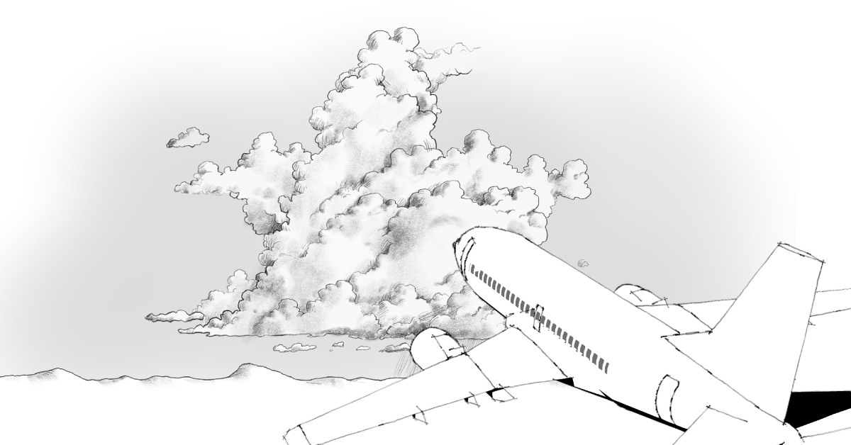 An illustration of a passenger airplane heading toward a storm cloud