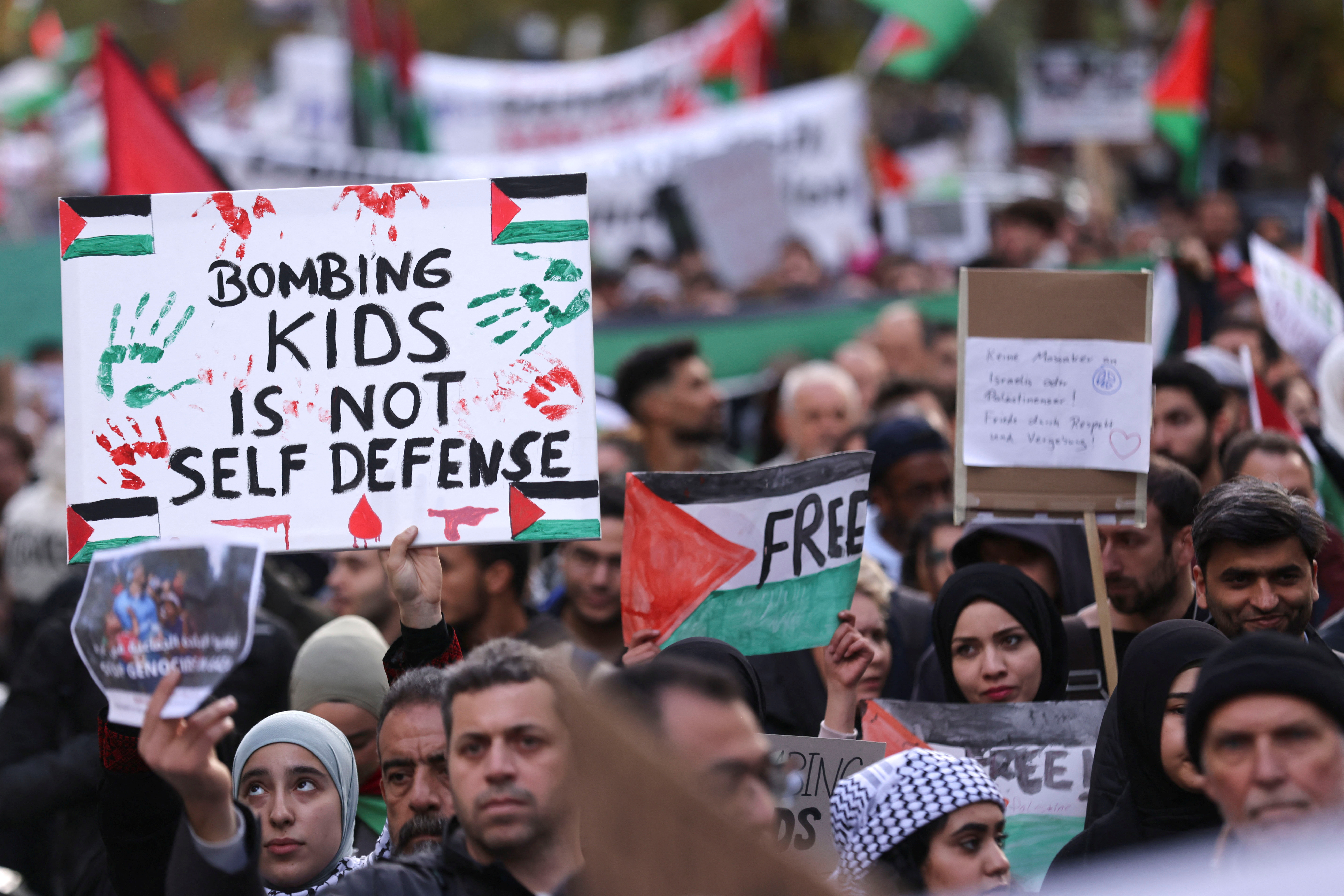 Demonstrators protest in solidarity with Palestinians in Gaza, amid the ongoing conflict between Israel and the Palestinian Islamist group Hamas, in Duesseldorf