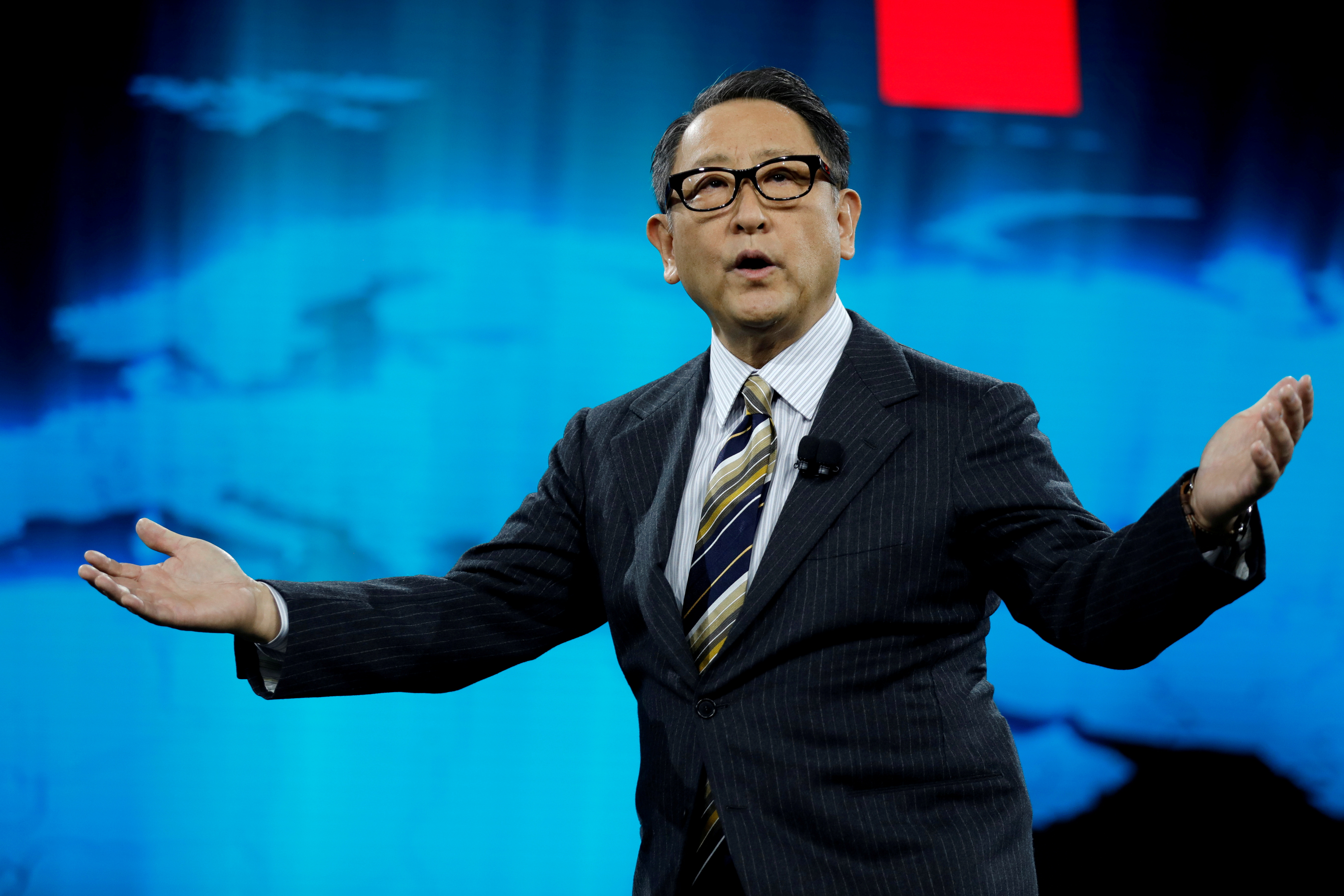 Akio Toyoda, president of Toyota Motor Corporation, speaks at a news conference, where he announced Toyota's plans to build a prototype city of the future on a 175-acre site at the base of Mt. Fuji in Japan, during the 2020 CES in Las Vegas