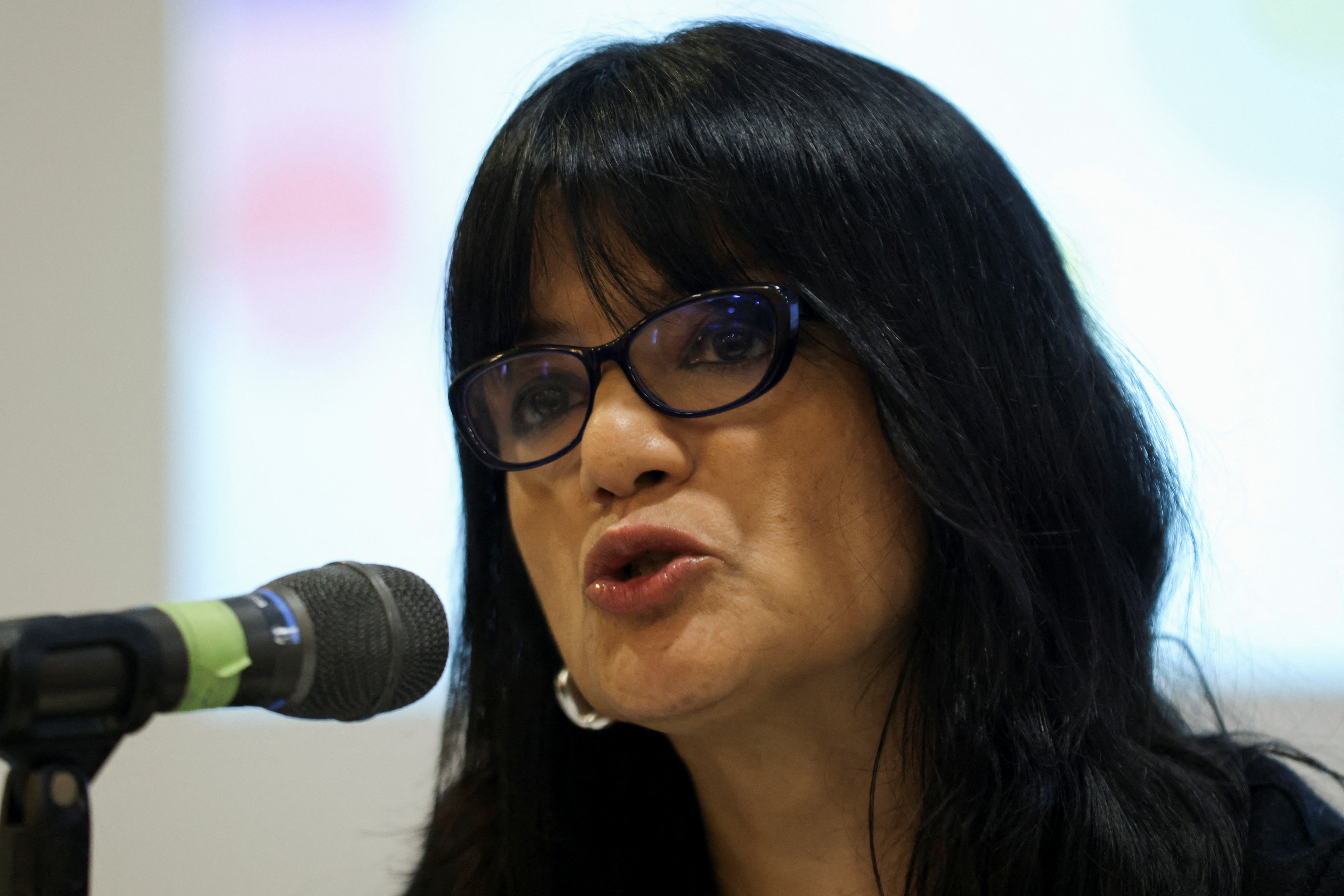Julissa Mantilla, president of the Inter-American Commission on Human Rights (CIDH), speaks during the presentation of the first report on the follow-up of recommendations, in Bogota