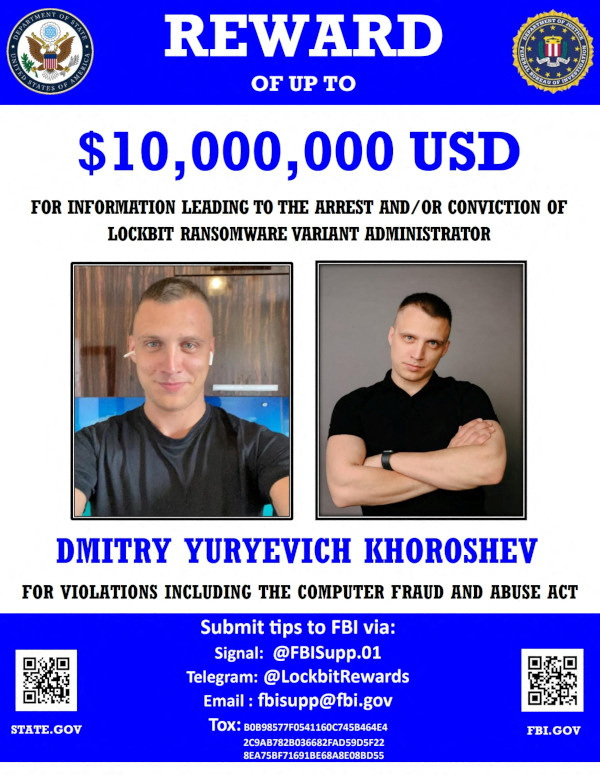A wanted poster released by law enforcement shows a reward for an alleged member of the cybercrime gang LockBit, Dmitry Yuryevich Khroroshev