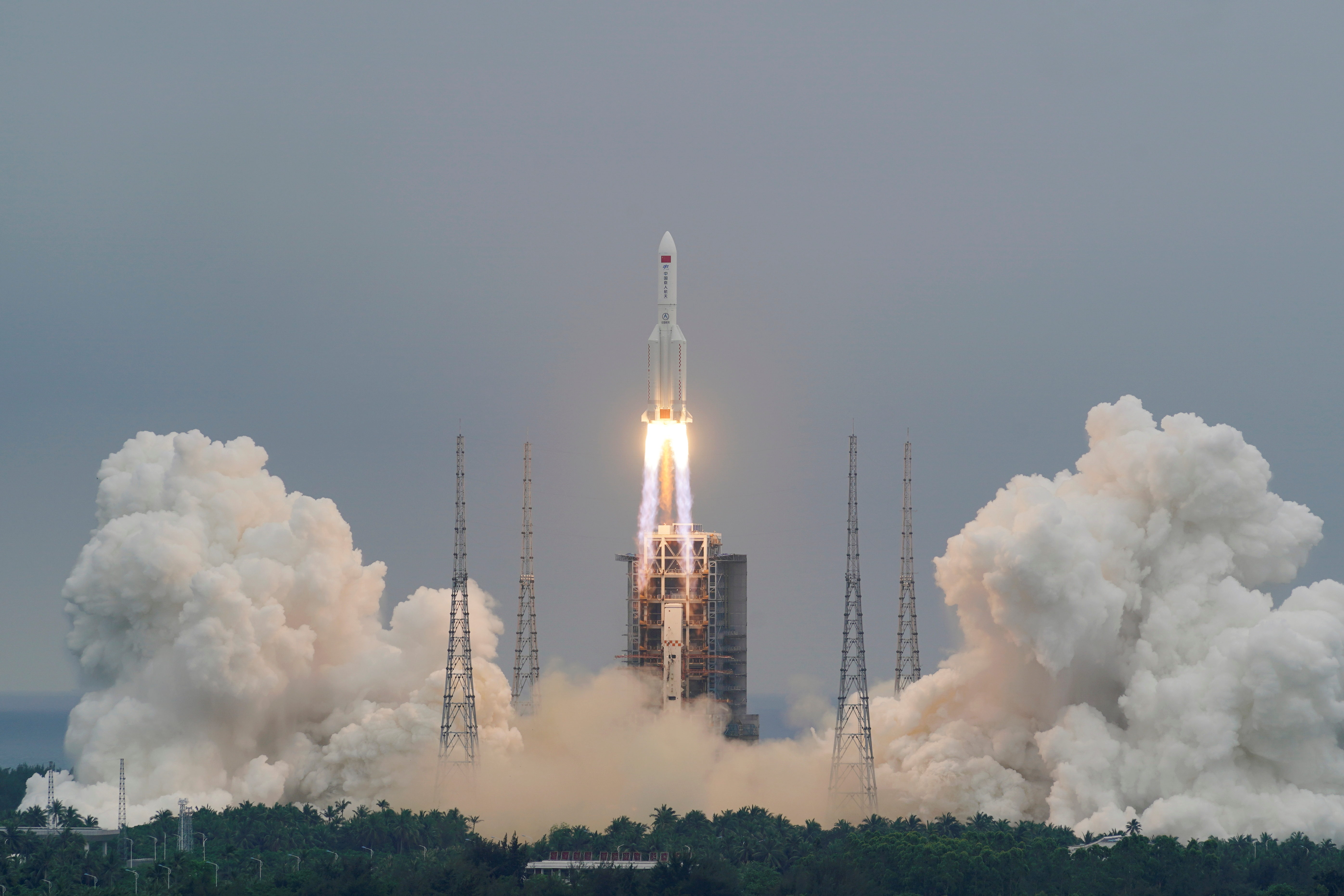 Long March-5B Y2 rocket, carrying the core module of China's space station Tianhe, takes off from Wenchang