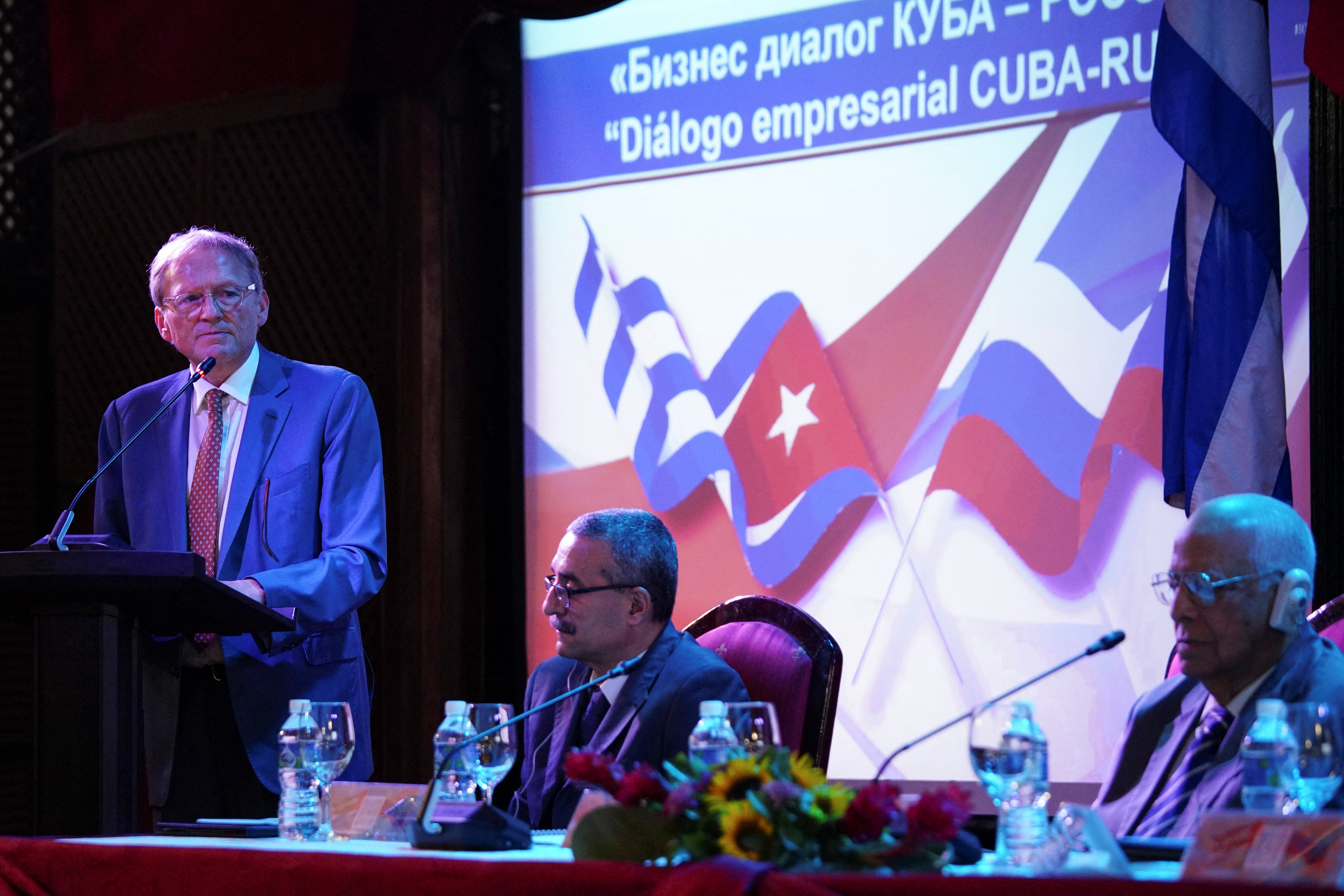 Boris Titov, head of the Russian delegation of the Cuban-Russian Business Committee gives a speech in Havana