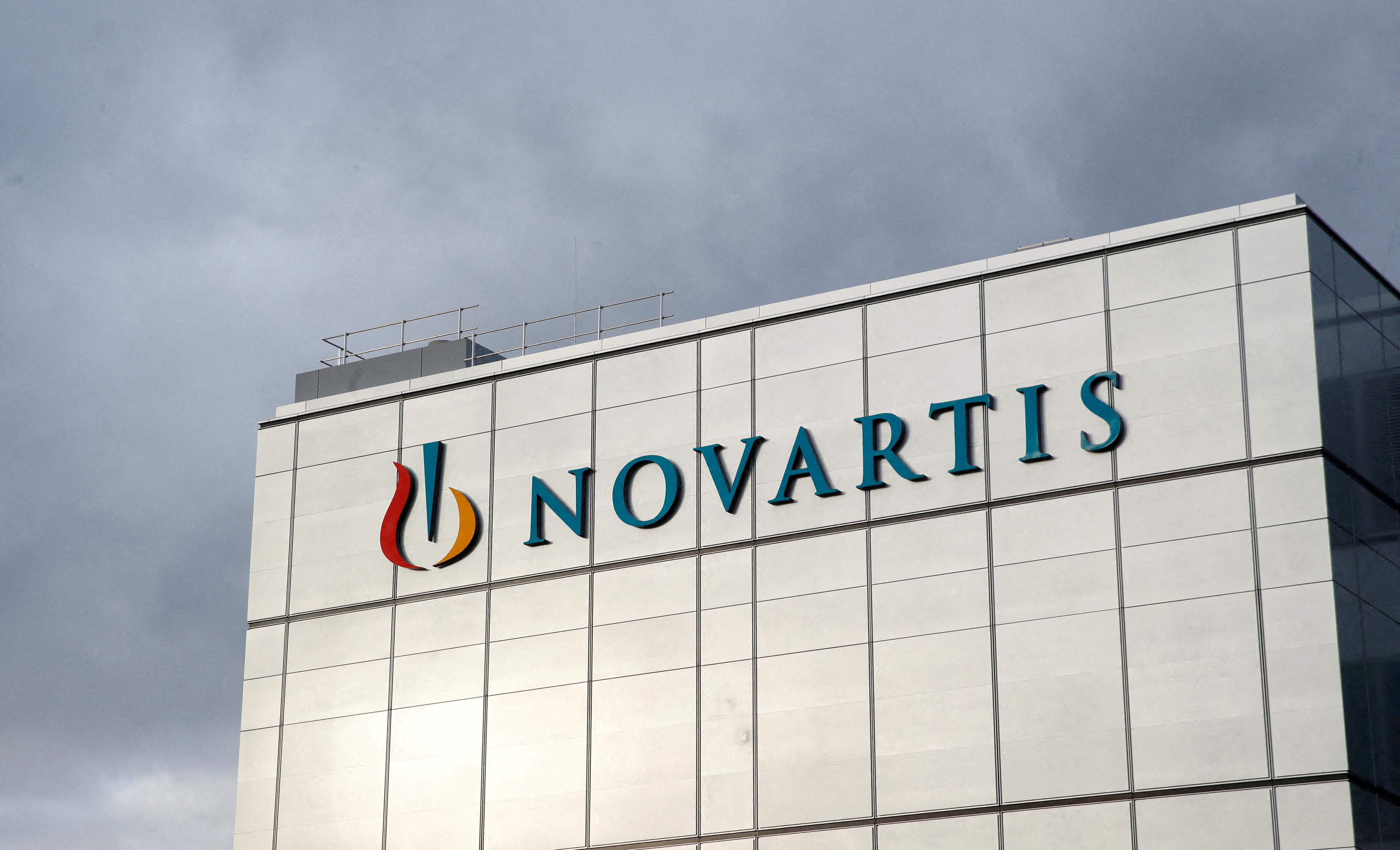 The Novartis logo is seen on the Swiss drugmaker's factory in Stein