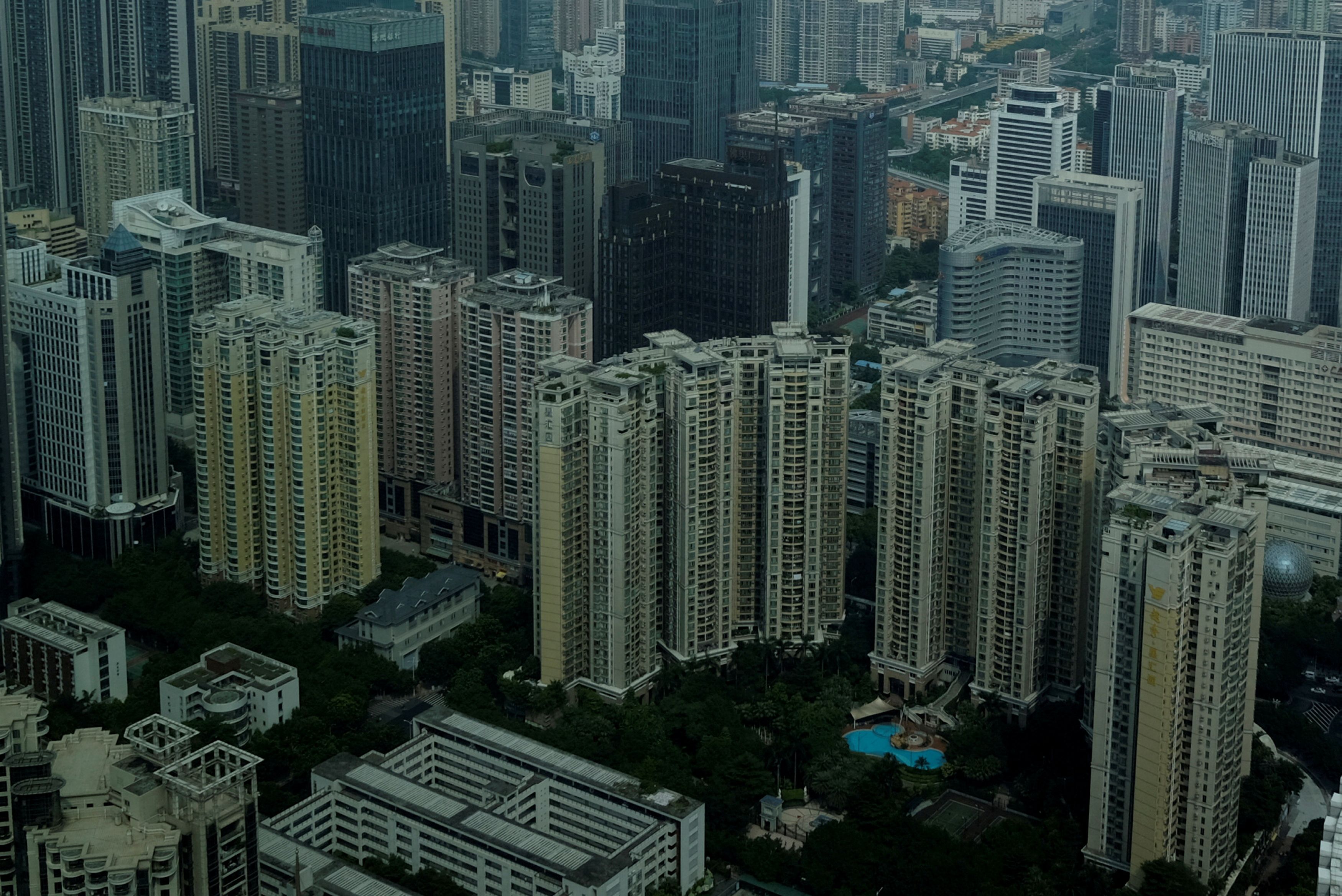 Residential and commercial buildings are located in downtown Guangzhou