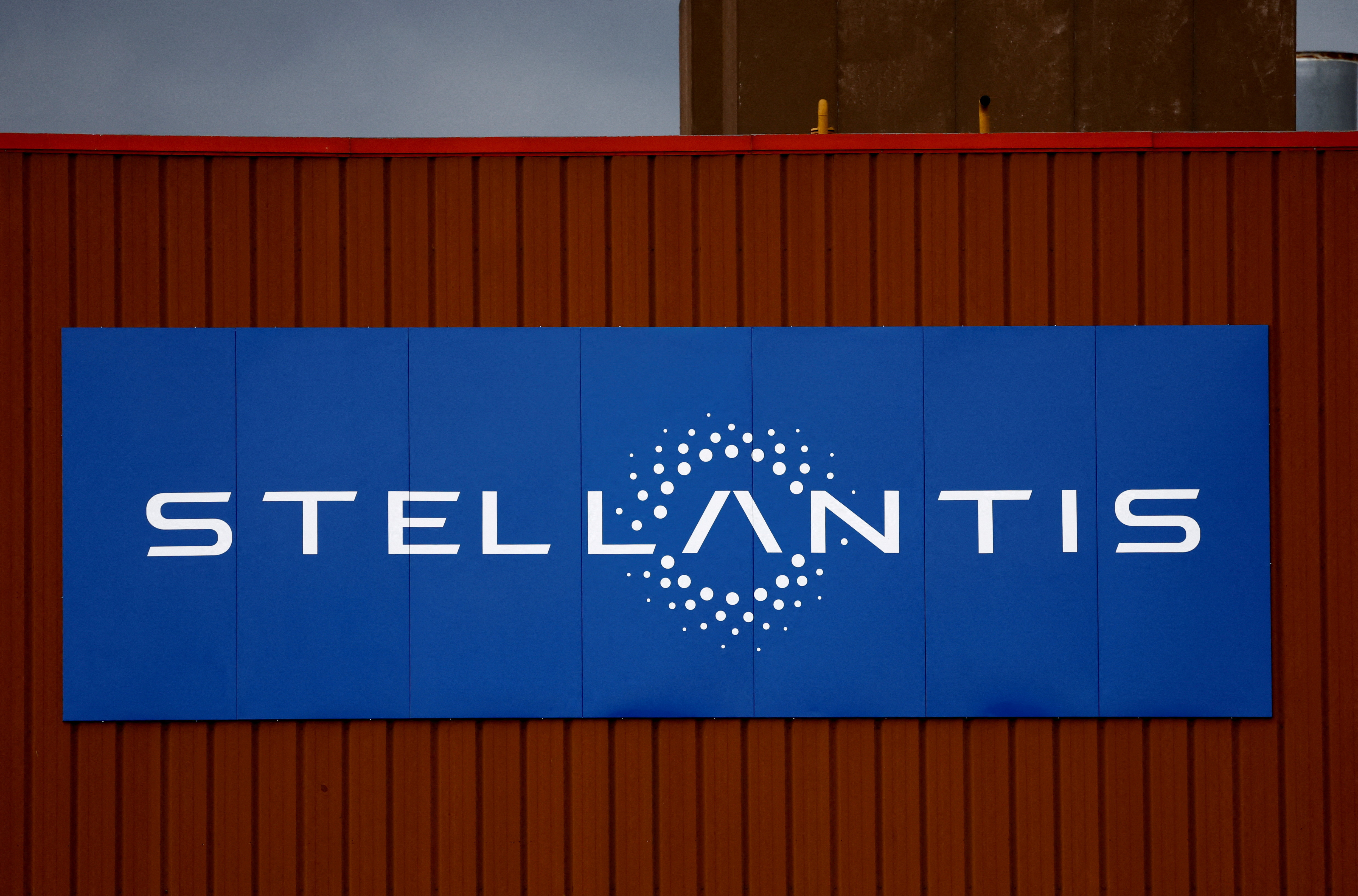The logo of Stellantis is seen outside a company building in Chartres-de-Bretagne near Rennes