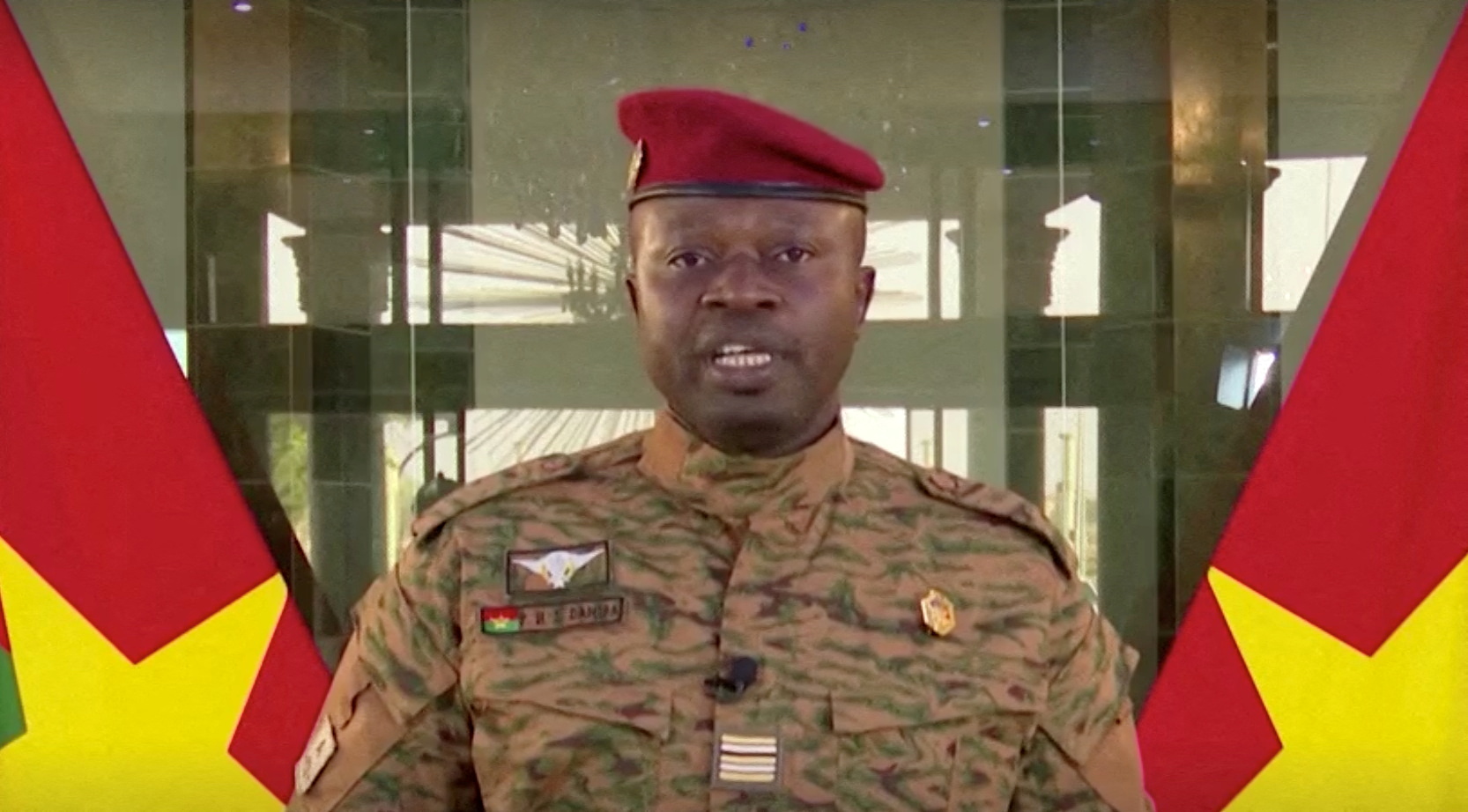 The new military ruler of Burkina Faso, Lieutenant Colonel Paul-Henri Damiba, delivers a speech in Ouagadougou, Burkina Faso, January 27, 2022, in this screengrab taken from video