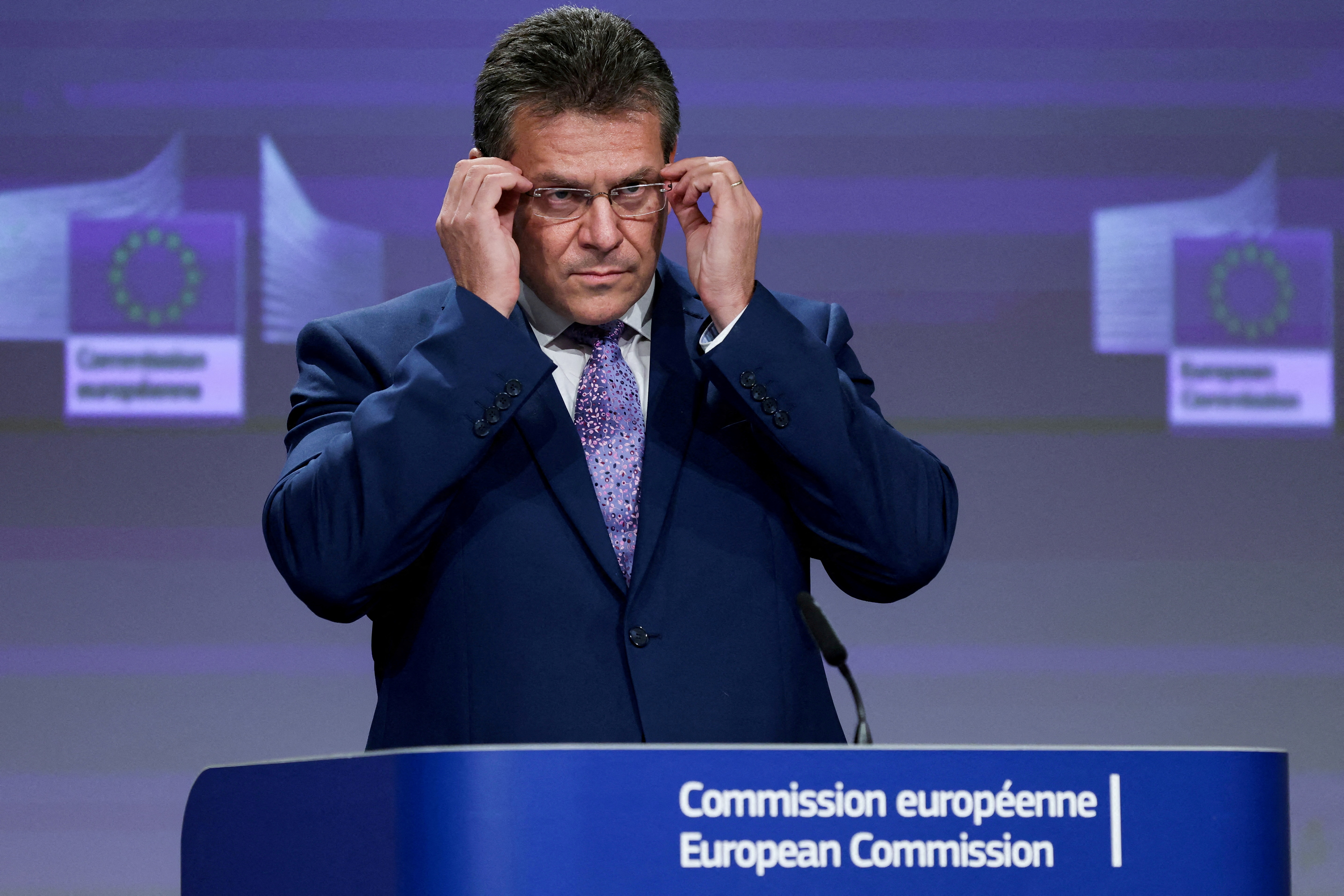 European Commission Vice President Maros Sefcovic holds a news conference at the European Commission in Brussels