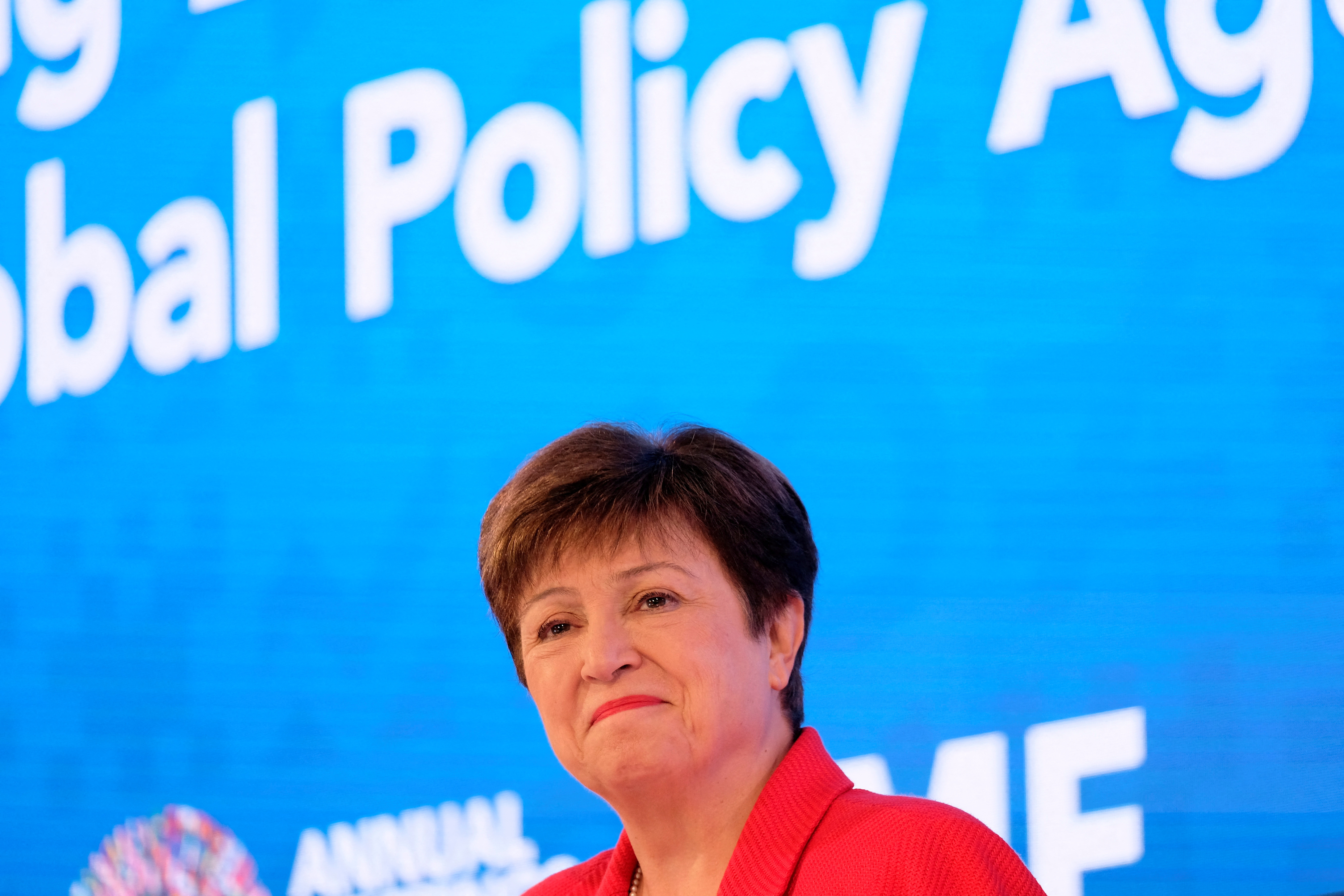IMF managing director Kristalina Georgieva holds a news conference at the headquarters of the International Monetary Fund during the Annual Meetings of the IMF and World Bank in Washington