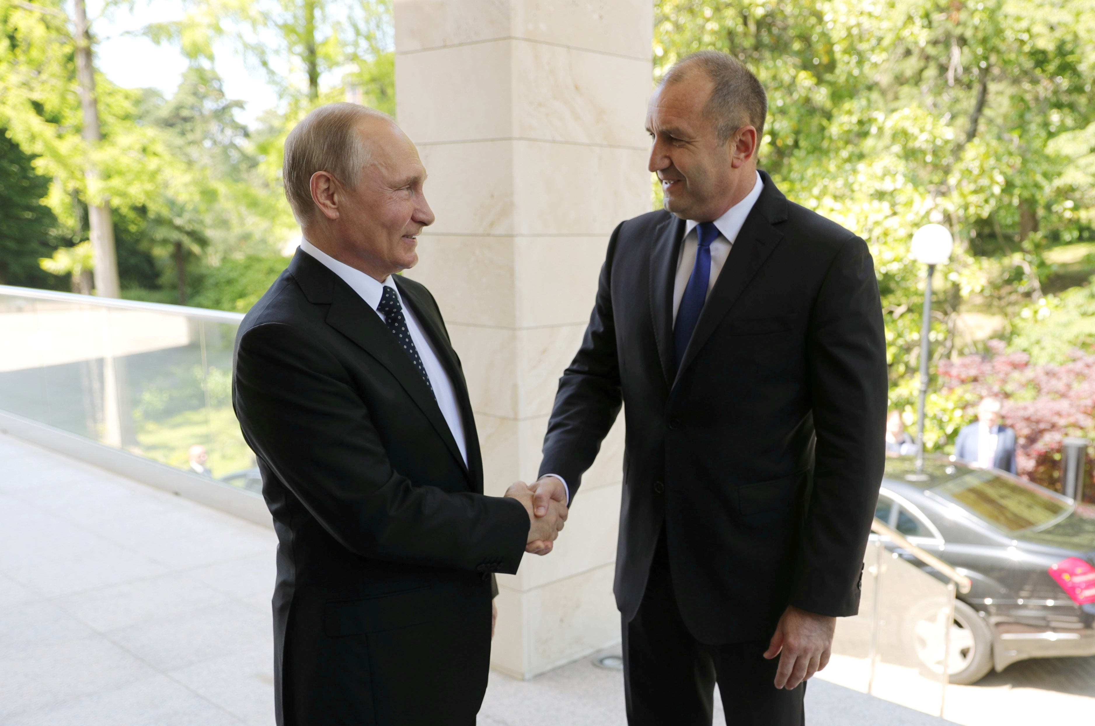 Russian President Putin welcomes his Bulgarian counterpart Radev before their meeting in Sochi