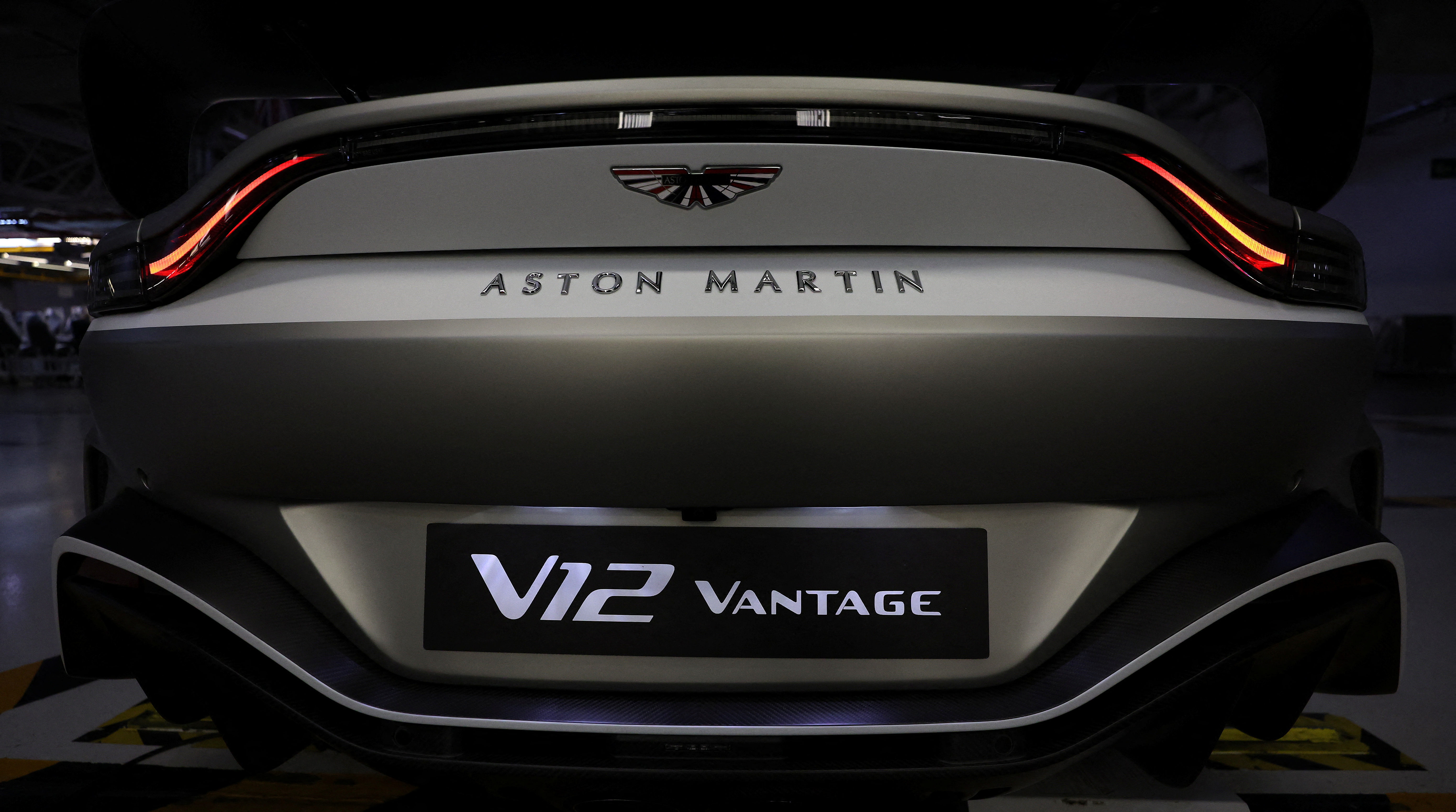 General view of the rear of the new Aston Martin V12 Vantage car at the company’s factory in Gaydon
