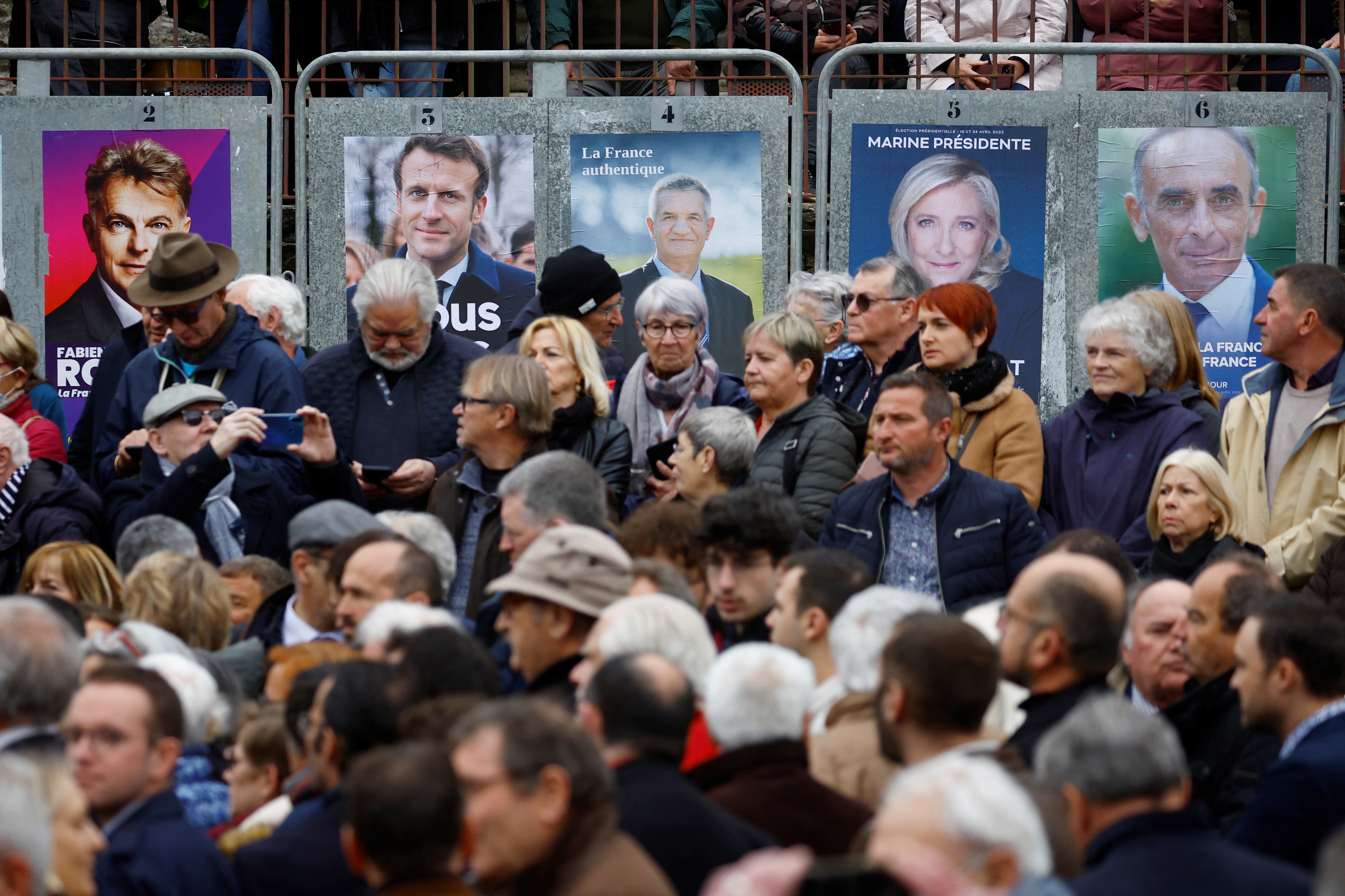 French President and centrist LREM party candidate for re-election Macron campaigns in Brittany