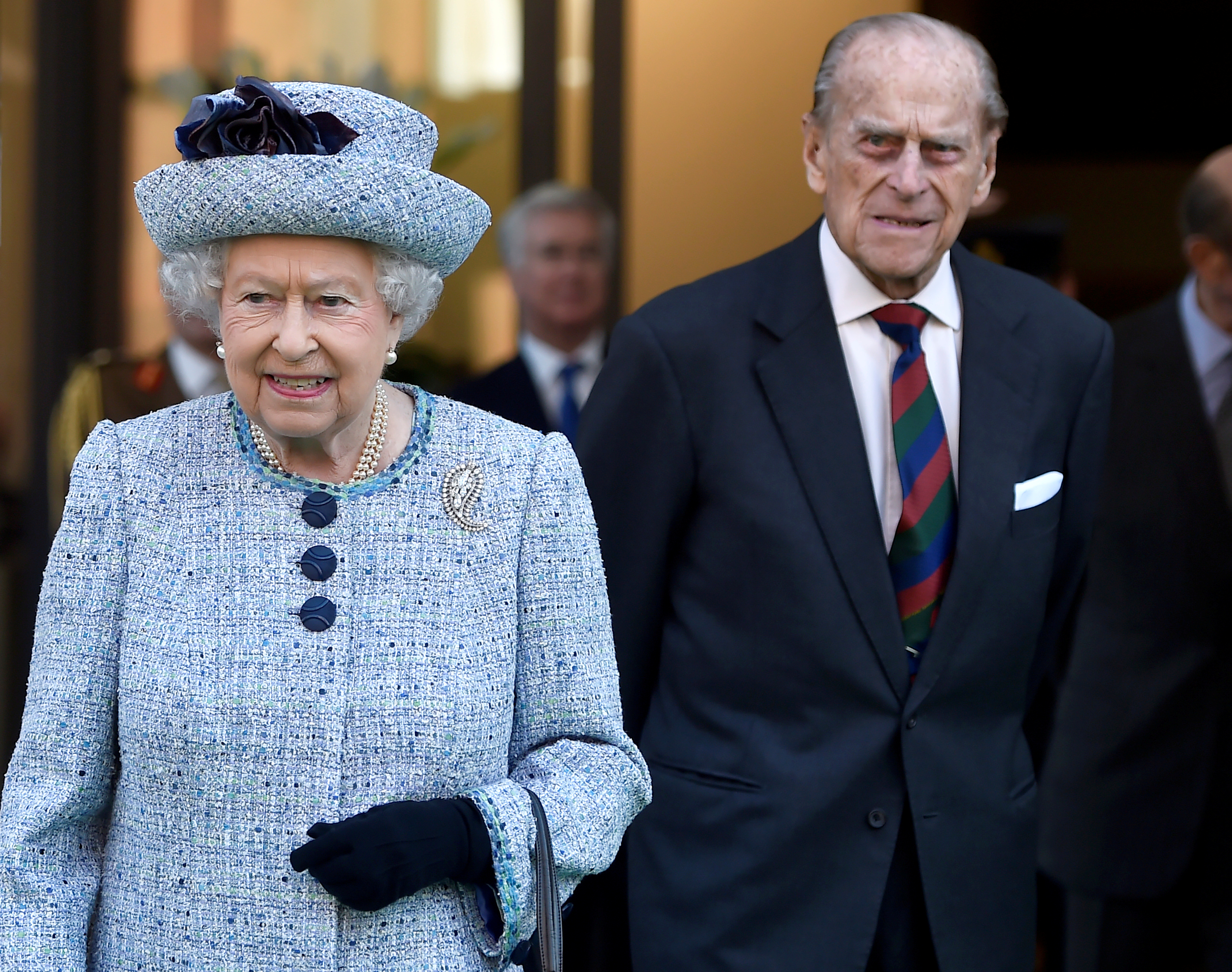 Britain's Queen Elizabeth II and Prince Philip, the Duke of Edinburgh leave the National Army Museum in London