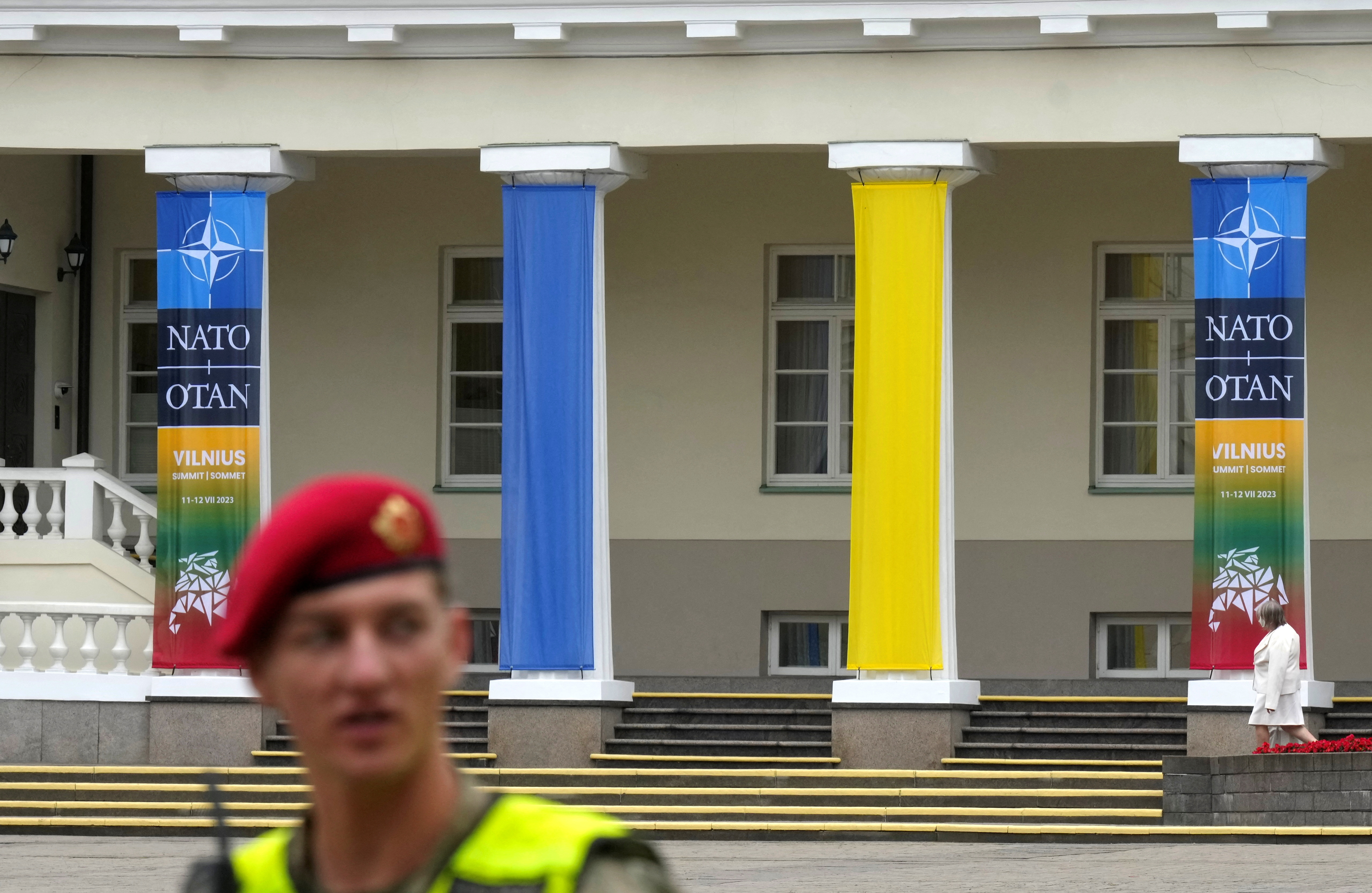 Lithuanian army serviceman is seen near Presidential Palace in Vilnius