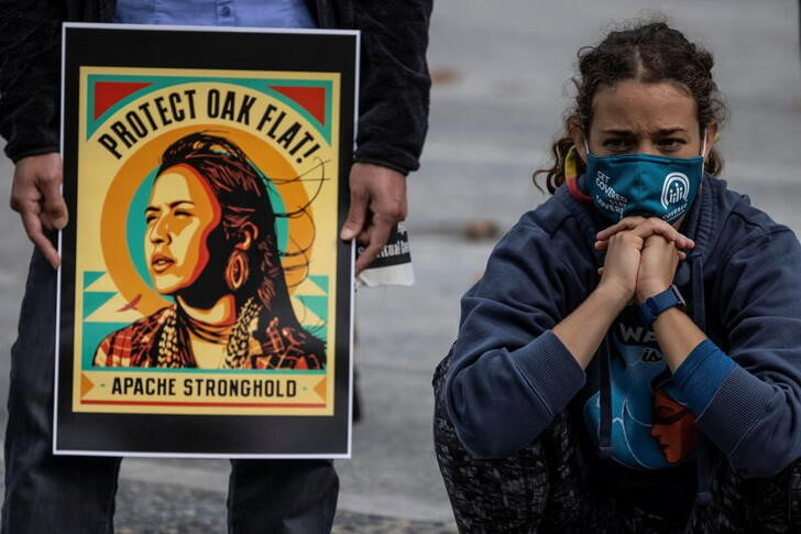 Members of the Apache Stronghold gather near the 9th U.S. Circuit Court of Appeals in San Francisco, California