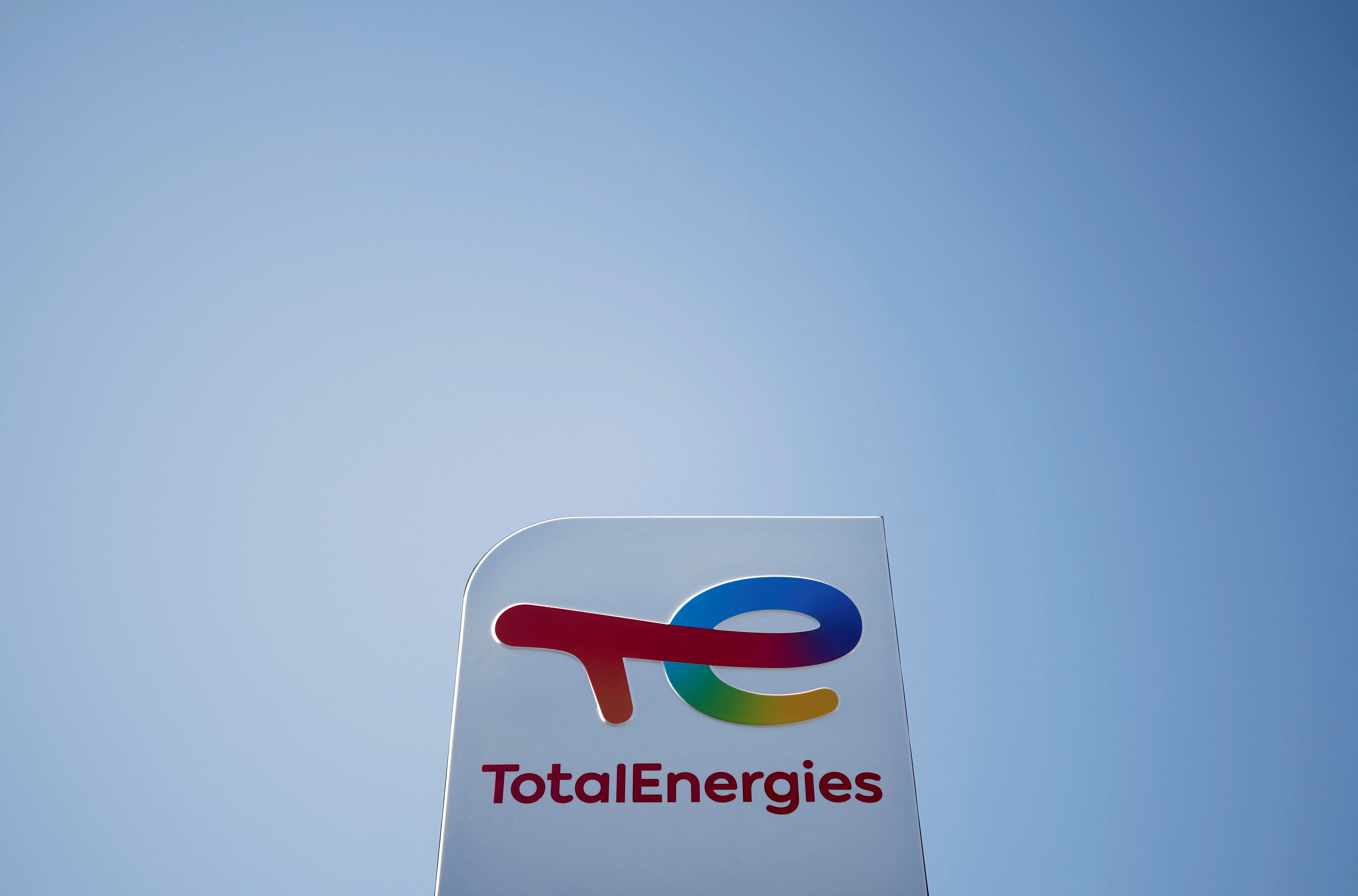 The logo of French oil and gas company TotalEnergies at a petrol station in Treillieres
