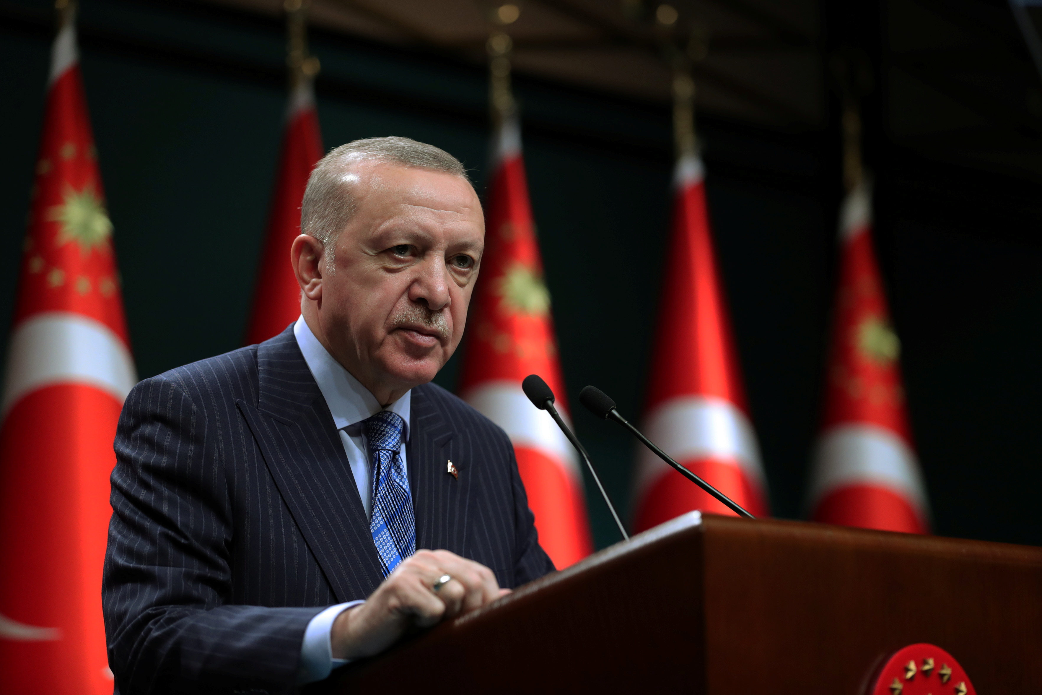 Turkish President Tayyip Erdogan gives a statement after a cabinet meeting in Ankara, Turkey, May 17, 2021. Murat Cetinmuhurdar/PPO/Handout via REUTERS 
