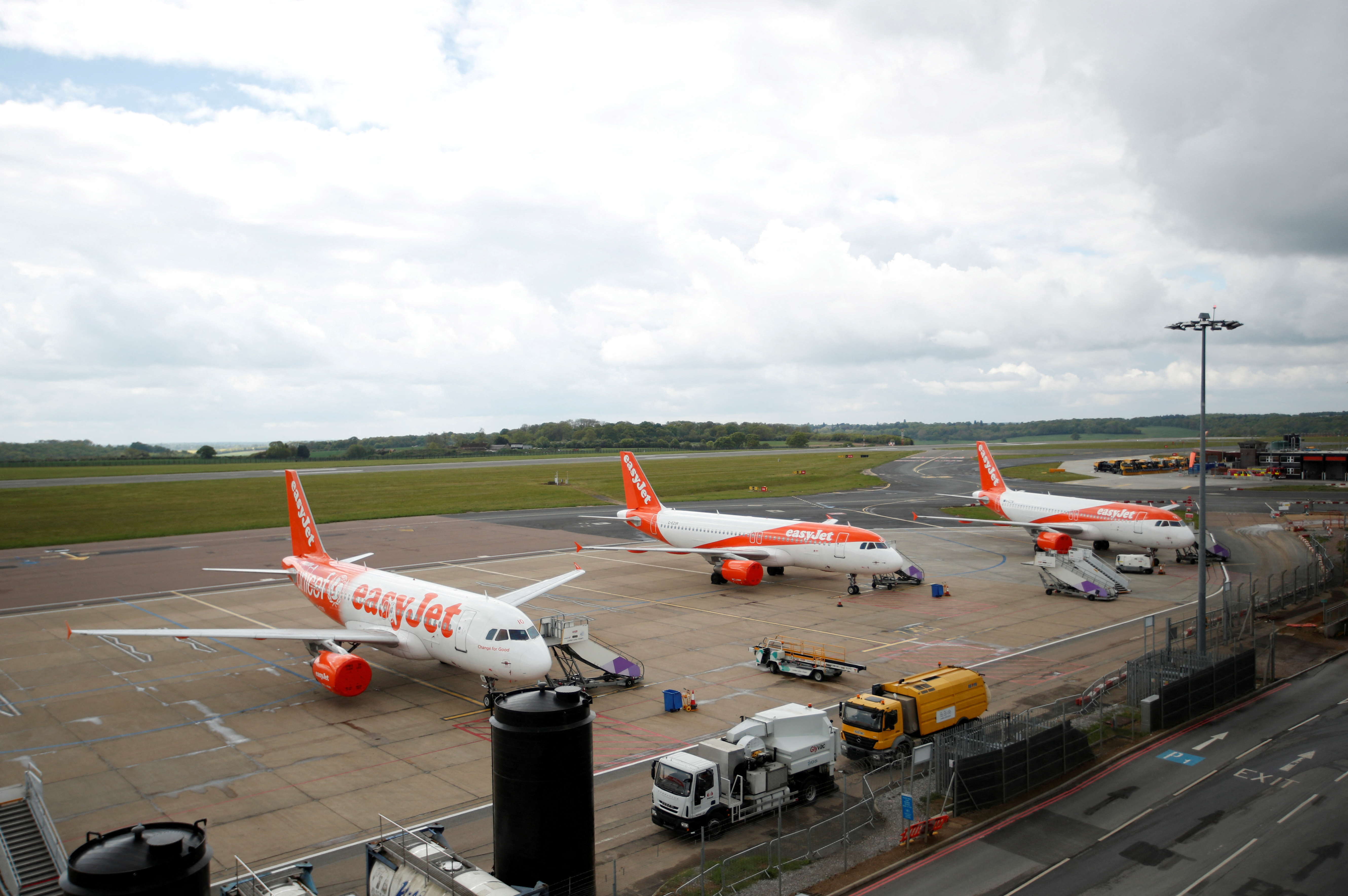 EasyJet planes are seen at Luton Airport