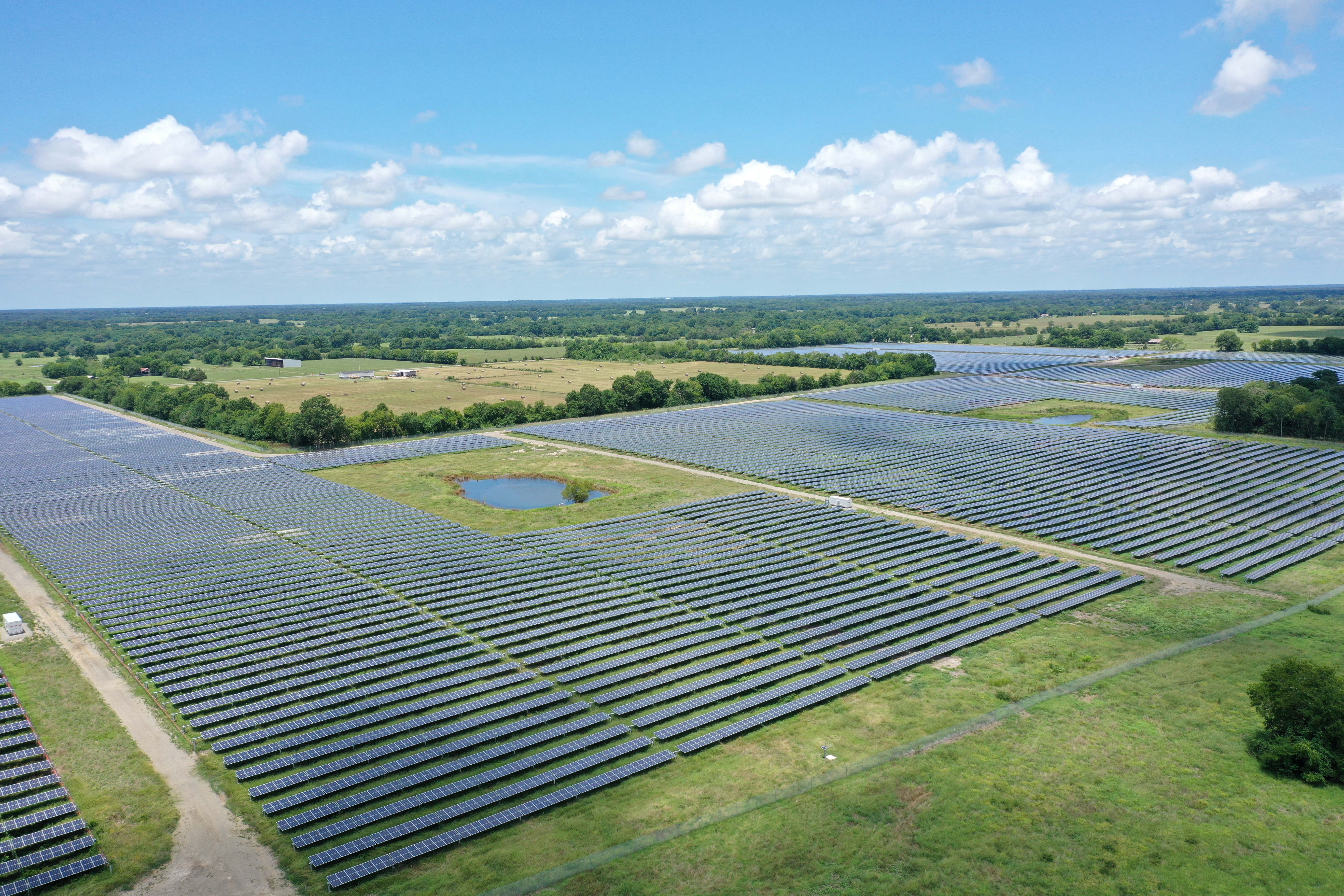 Solar panels are seen in this drone photo at the Impact solar facility in Deport, Texas