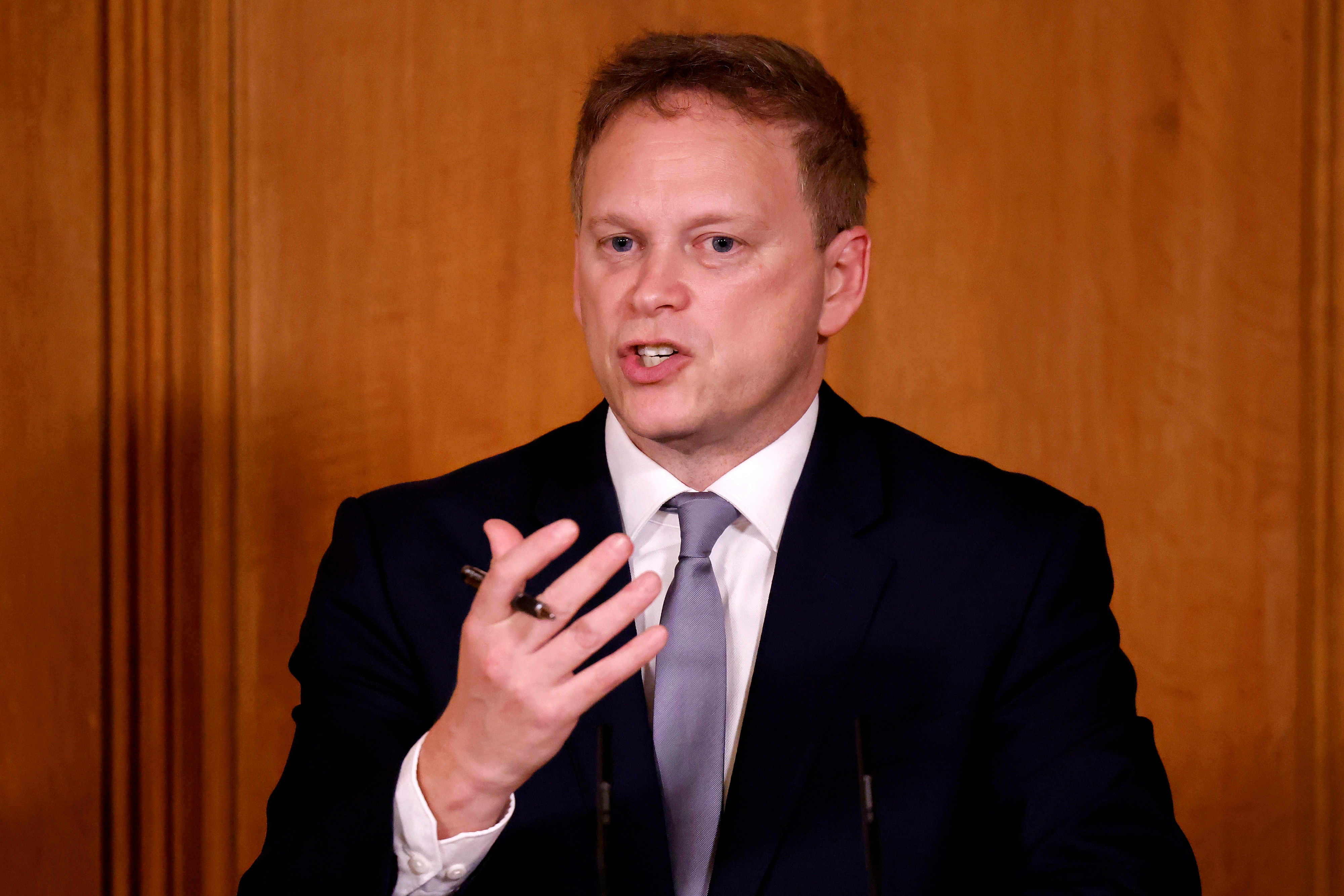Britain's Transport Secretary Grant Shapps speaks during a virtual news conference in London