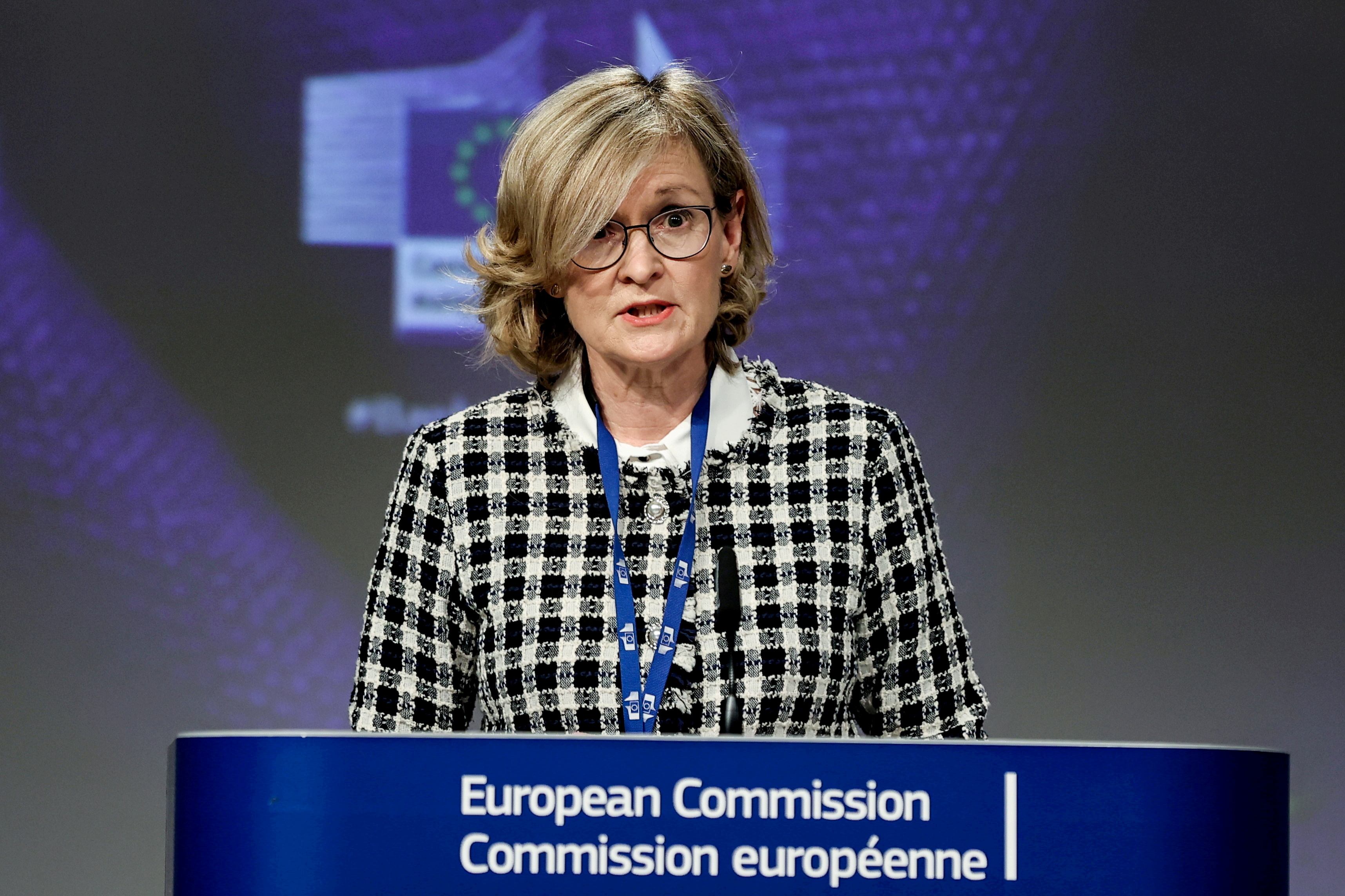 EU Commissioner Financial Services, Stability and the Capital Markets Union Mairead McGuinness speaks at a news conference on the fostering the openness, strength and resilience of Europe's economic and financial system in Brussels, Belgium Jan