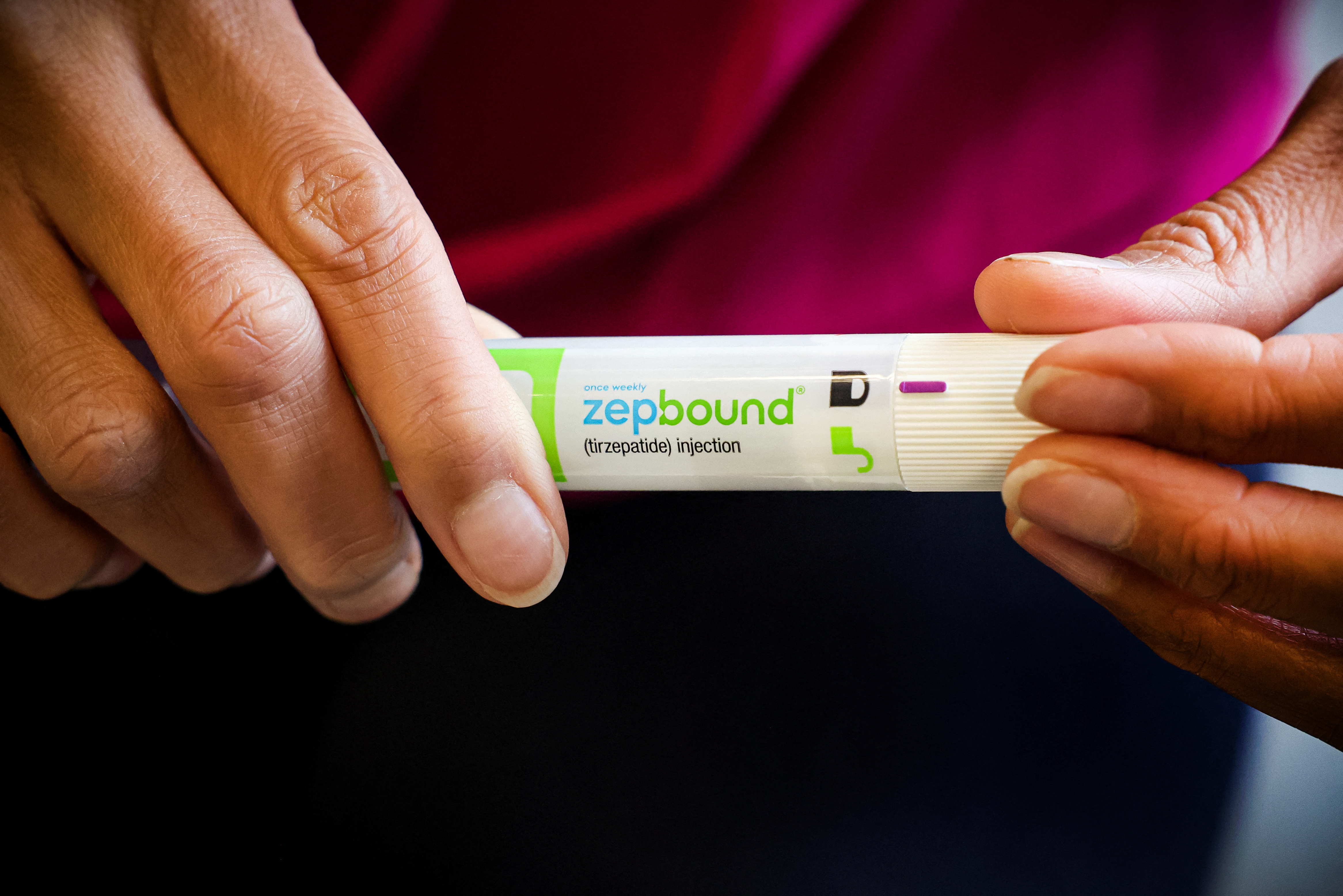 An injection pen of Zepbound, Eli Lilly’s weight loss drug, is displayed in New York