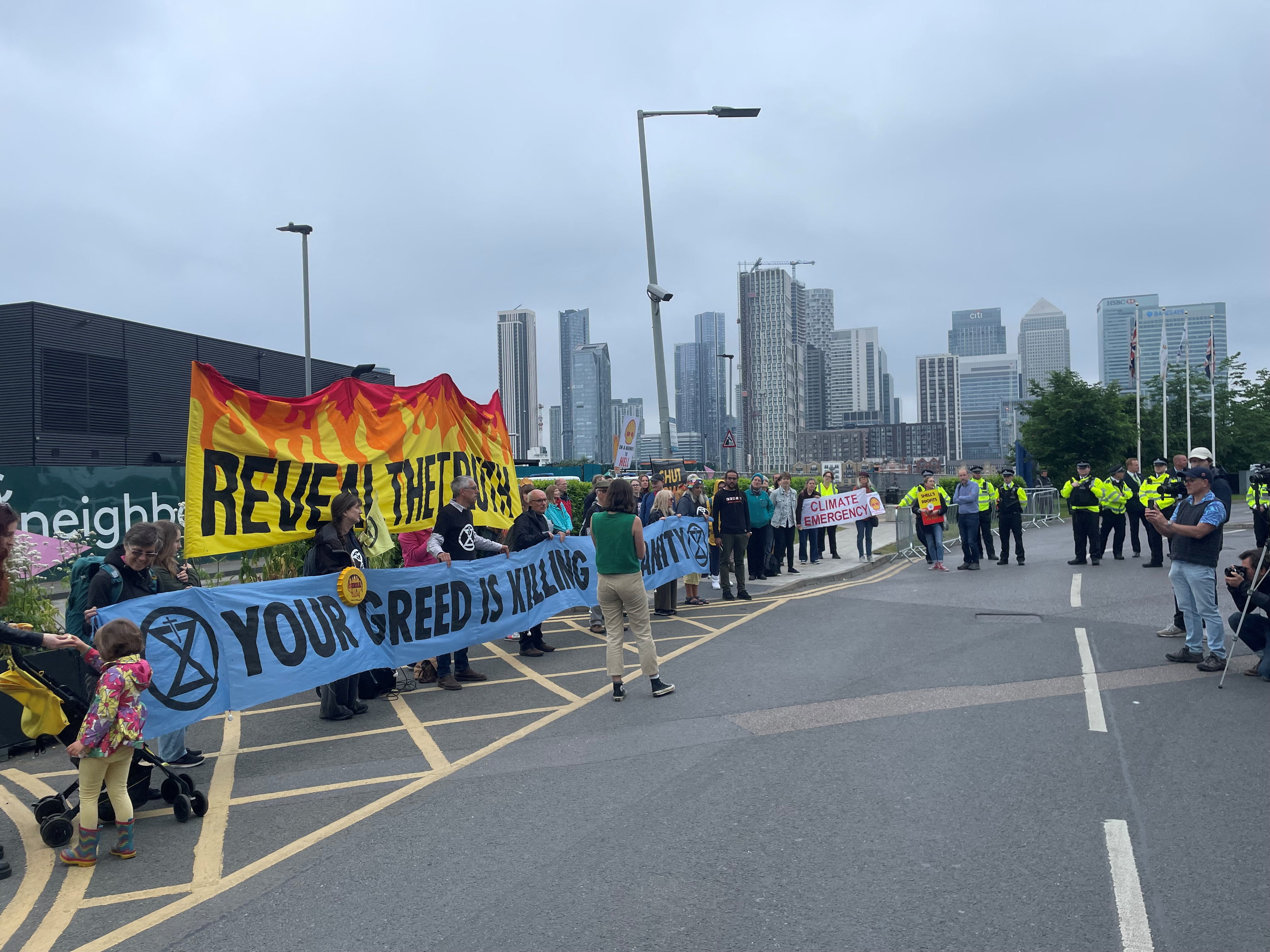 Climate protesters demonstrate outside Shell's annual general meeting in Greenwich, London