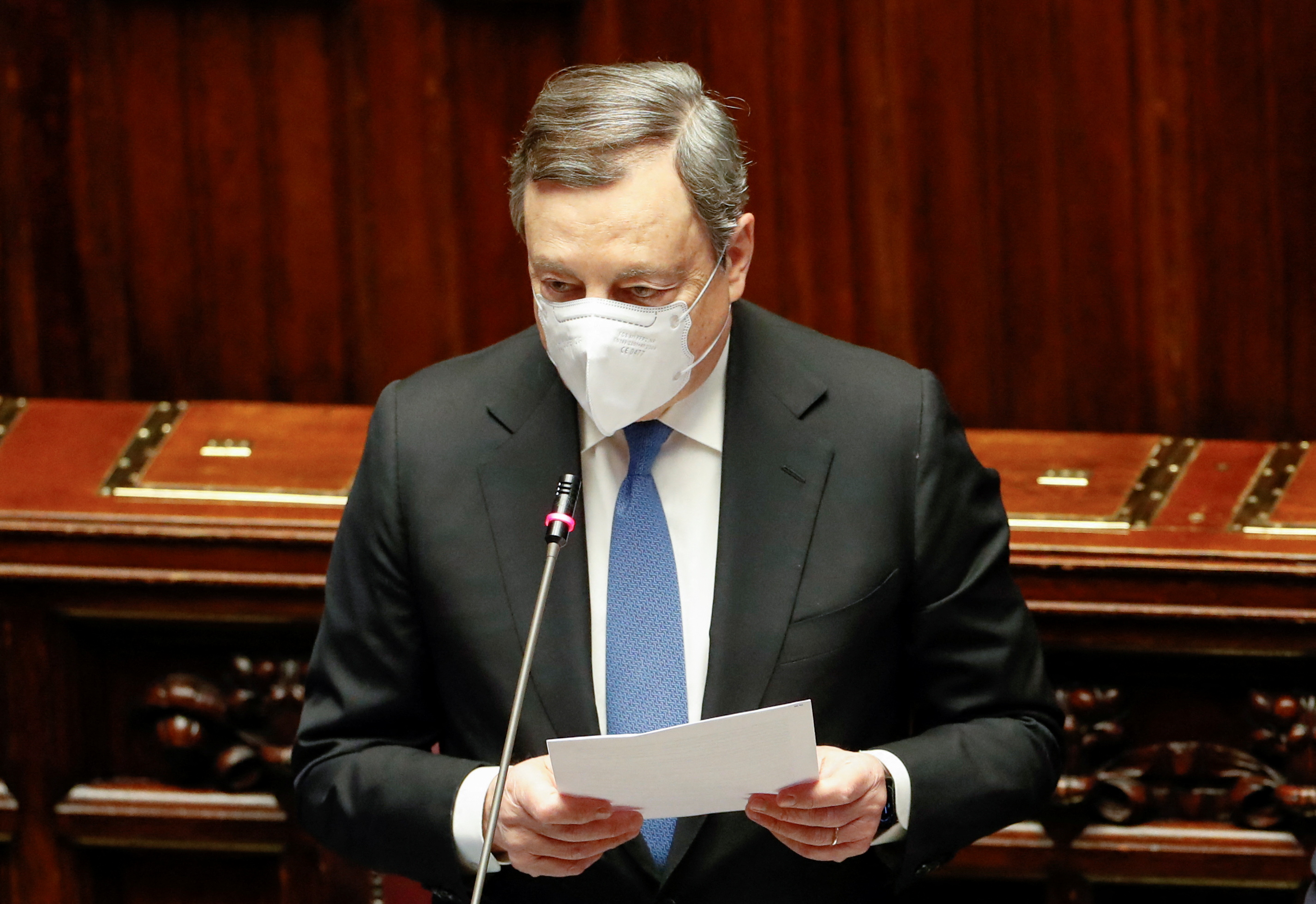 Ukrainian President Zelenskiy addresses Italian parliament via videolink, in Rome