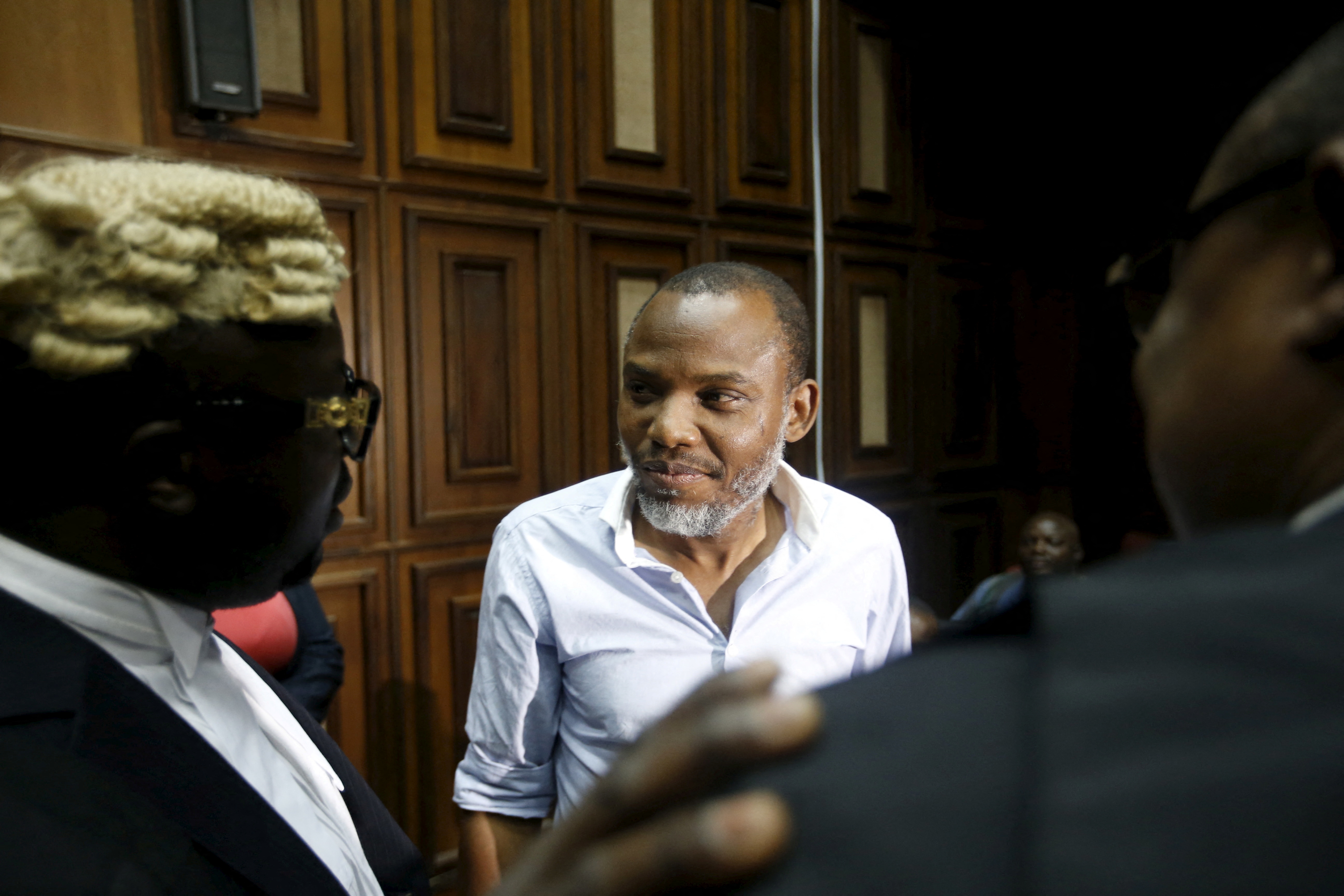 Le chef du peuple autochtone du Biafra (IPOB), Nnamdi Kanu, vu à la haute cour fédérale d'Abuja, au Nigeria