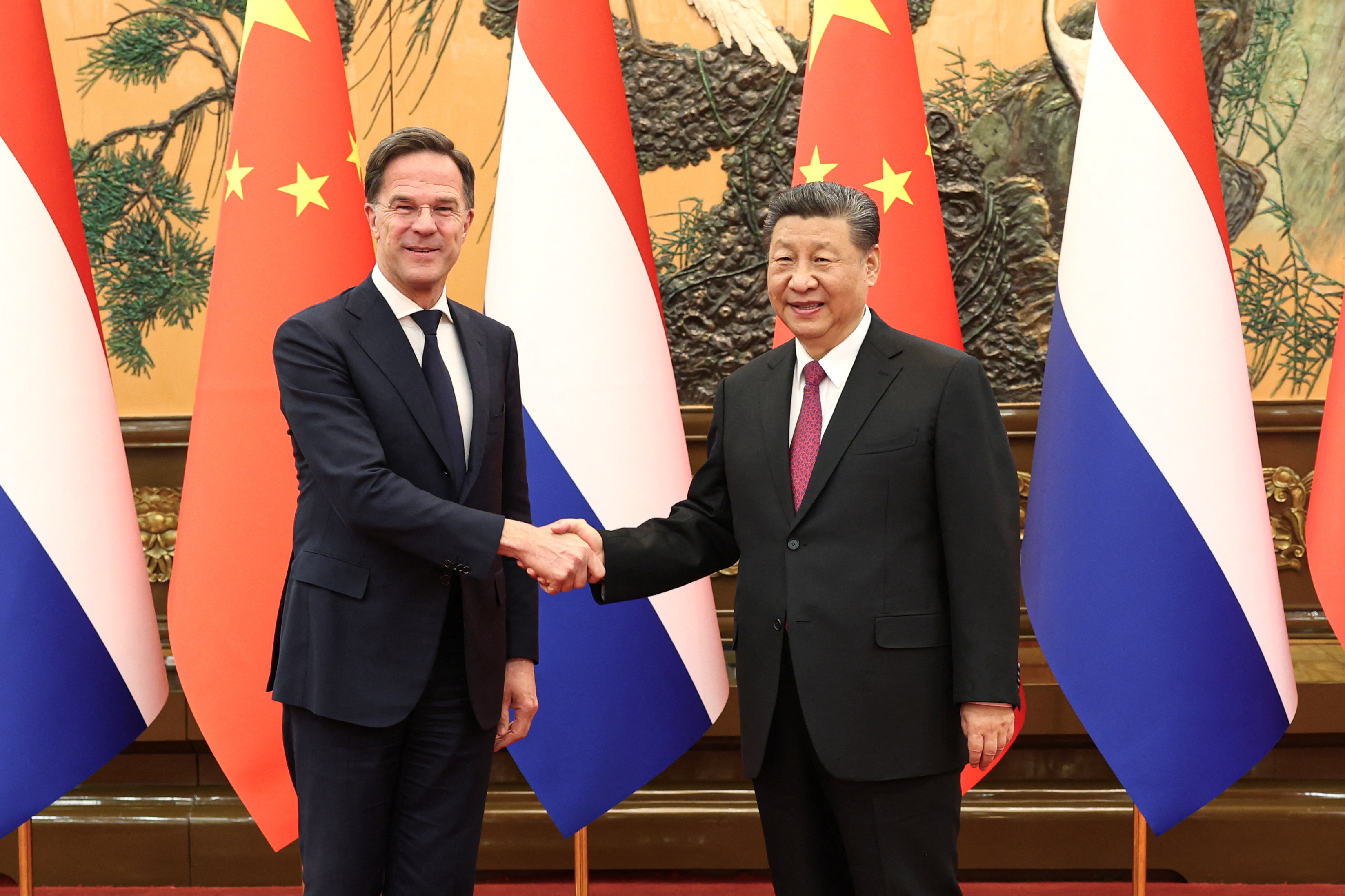 Chinese President Xi Jinping meets Prime Minister of the Netherlands Mark Rutte at the Great Hall of the People in Beijing