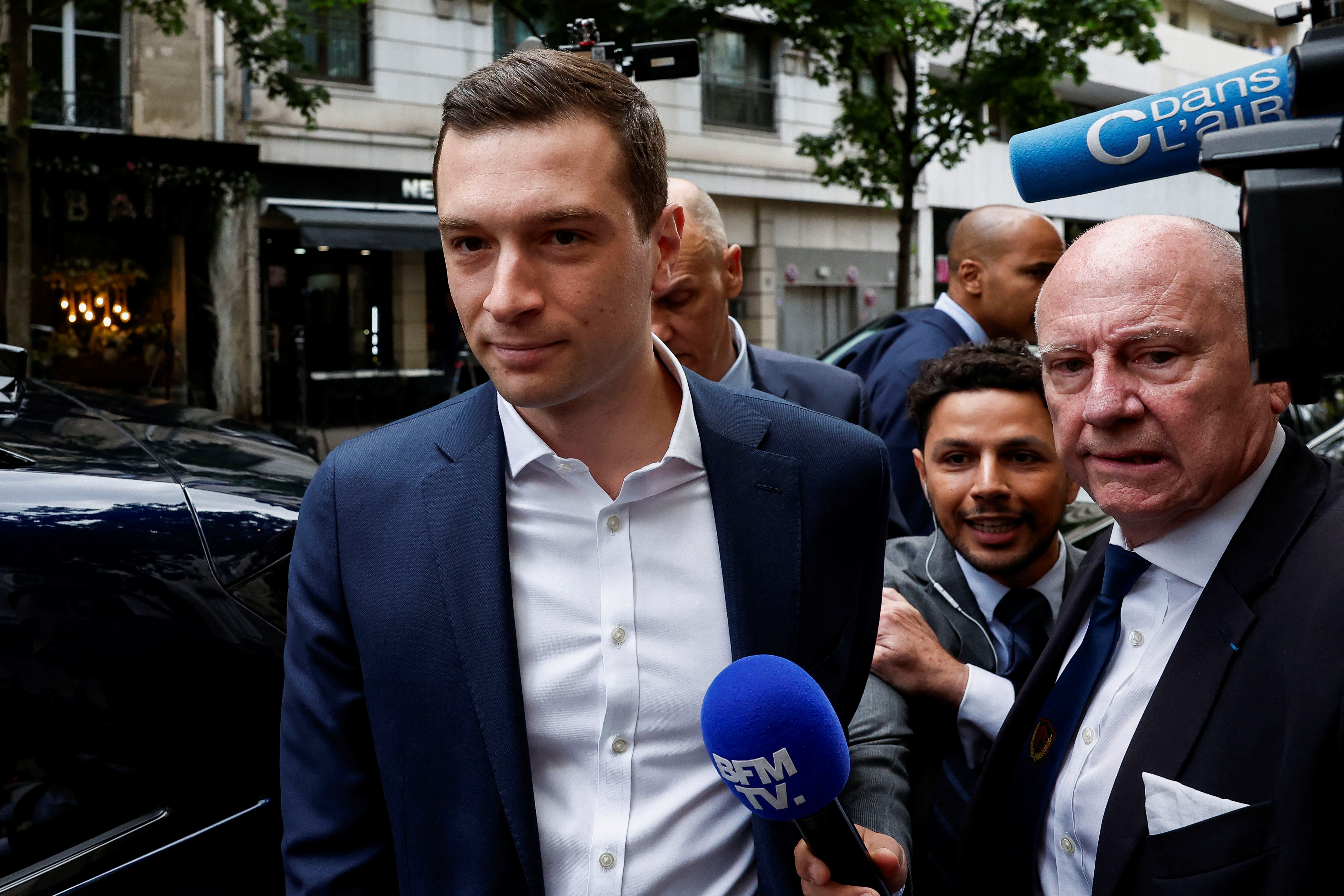 Jordan Bardella, President of the French far-right National Rally arrives at the RN party headquarters in Paris
