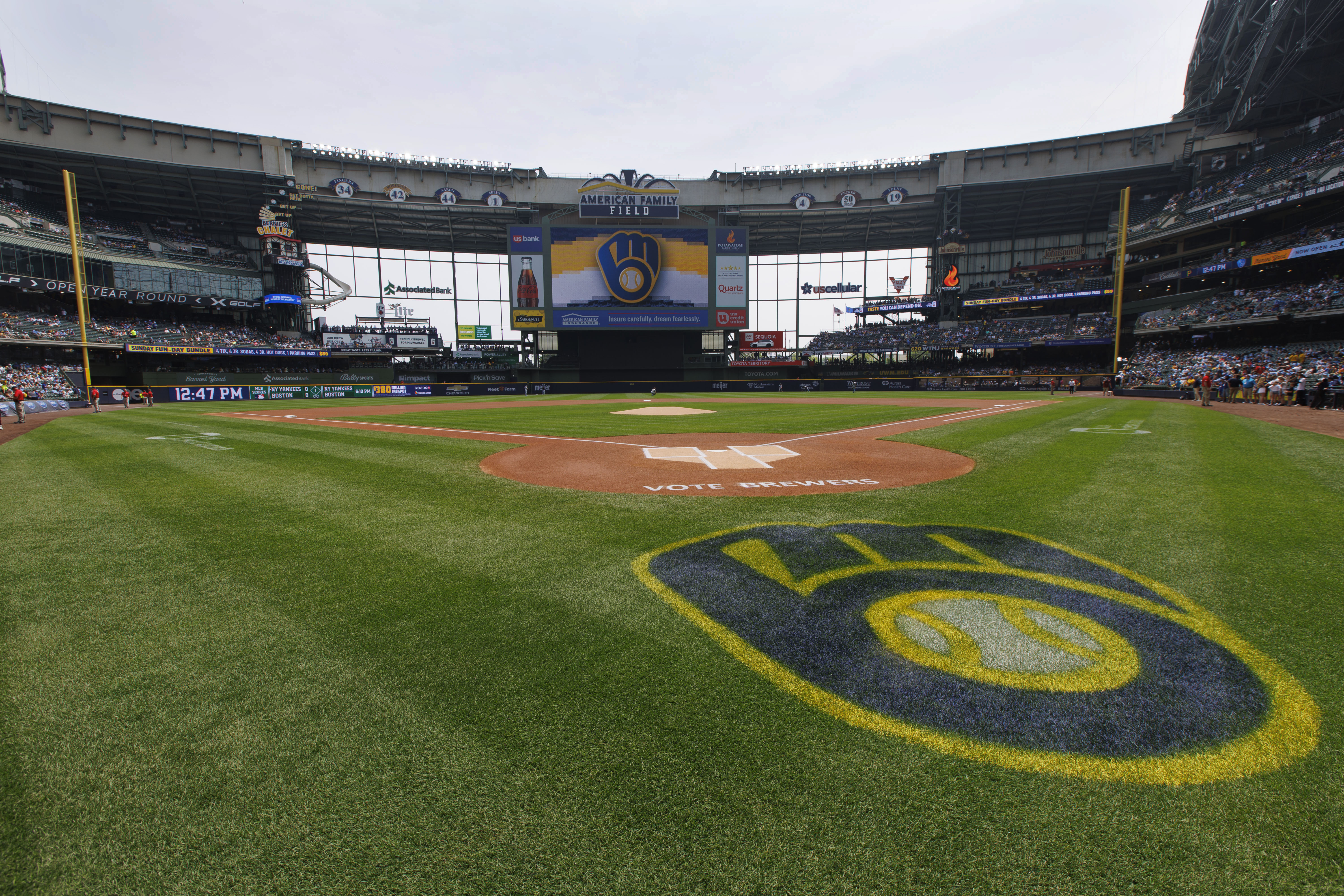 April 8, 2023: Milwaukee Brewers catcher William Contreras (24) hits a ball  during the game between the Milwaukee Brewers and the St. Louis Cardinals  at American Family Field on April 8, 2023