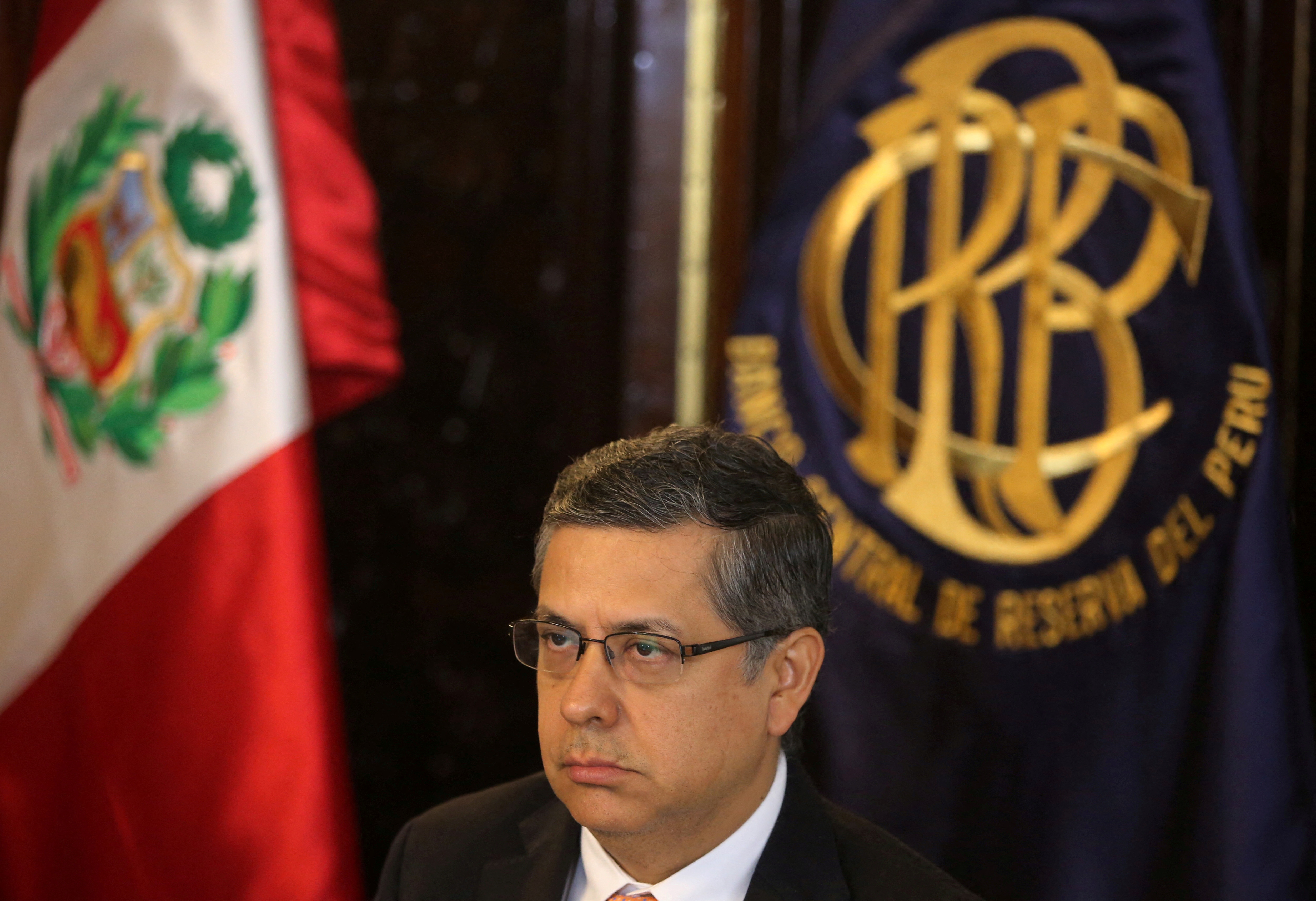 Central Bank chief economist Adrian Armas attends a news conference in Lima