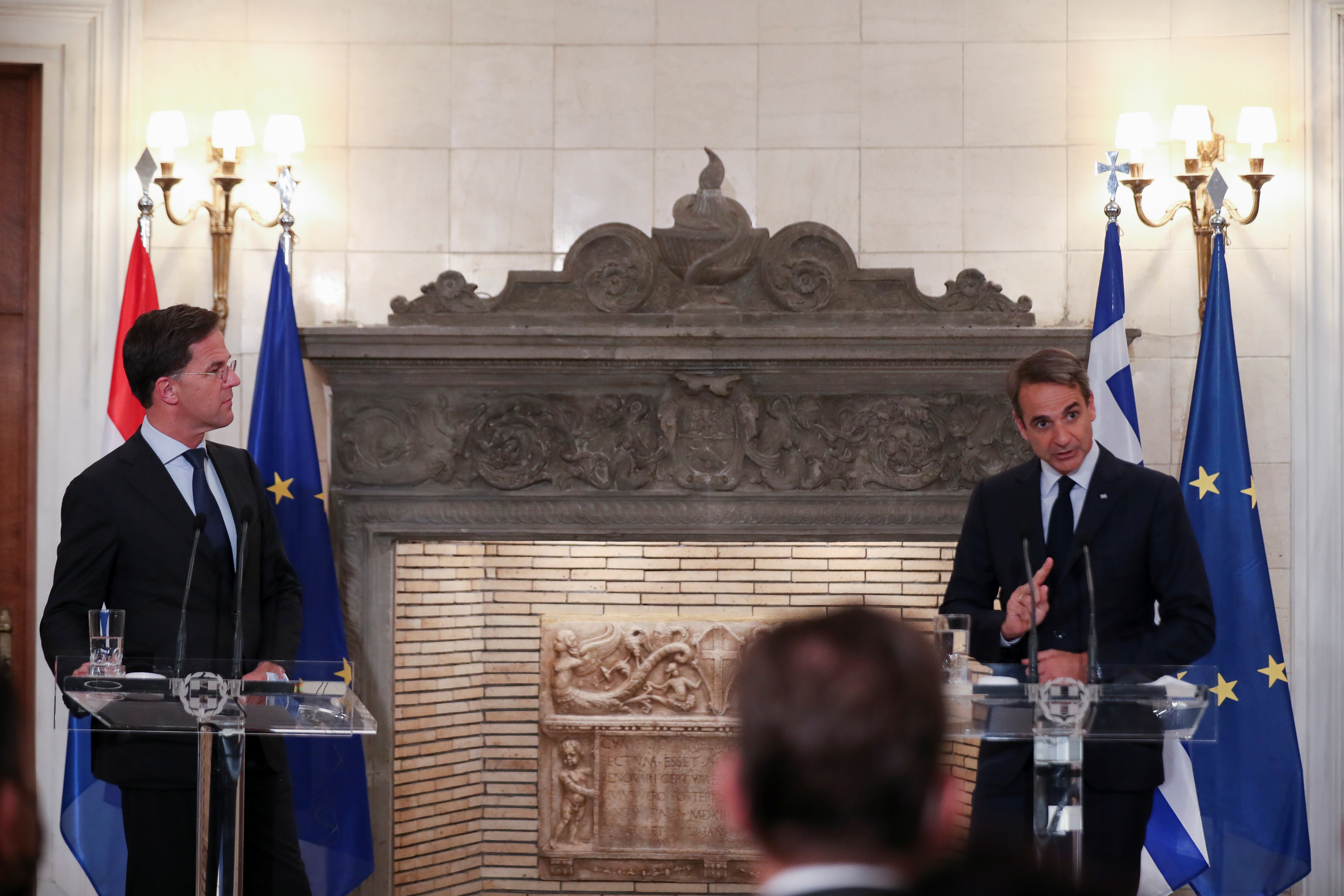 Greek Prime Minister Kyriakos Mitstotakis meets his Dutch counterpart Mark Rutte in Athens.
