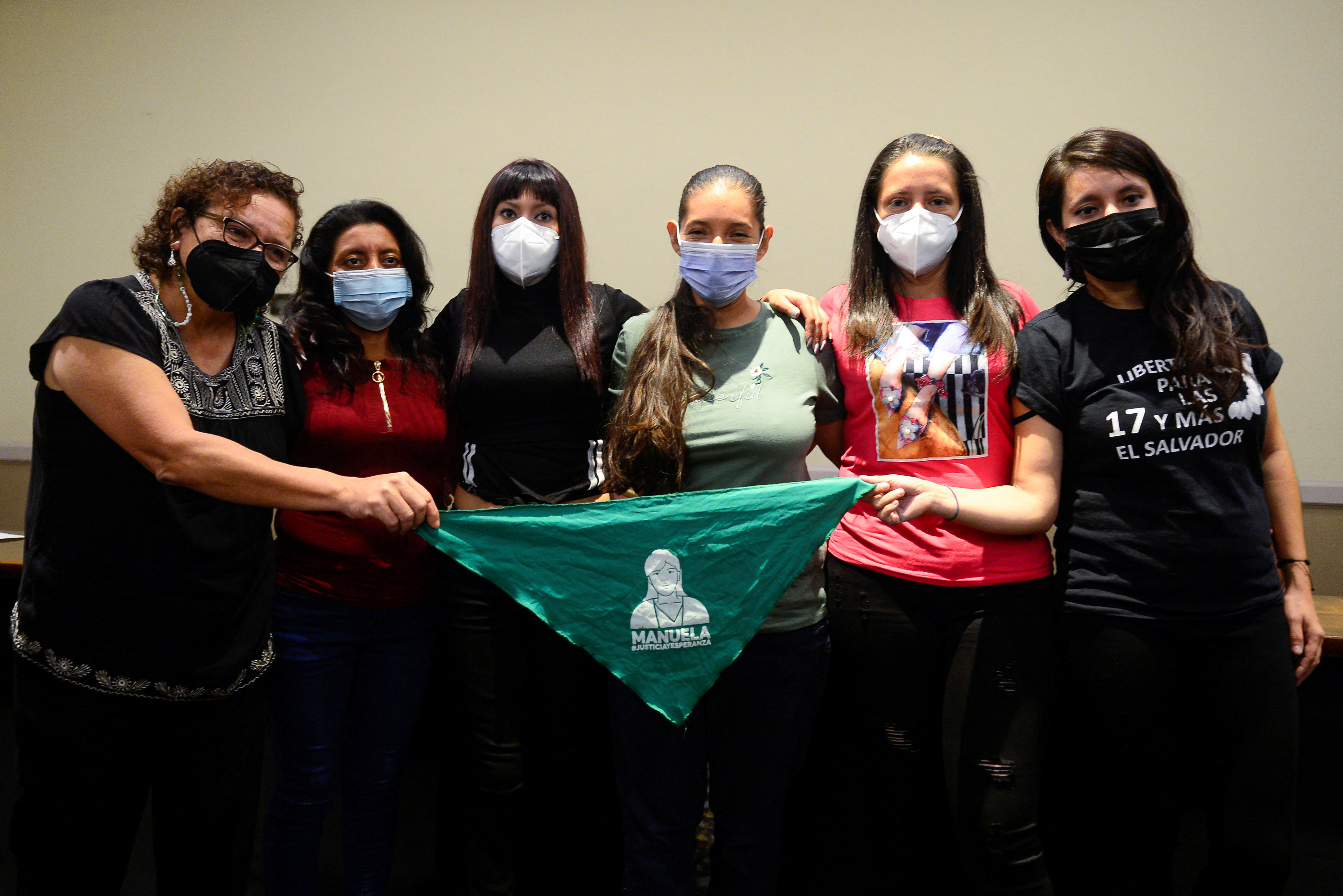 Women freed after convictions related to medical emergencies during pregnancy attend news conference, in San Salvador
