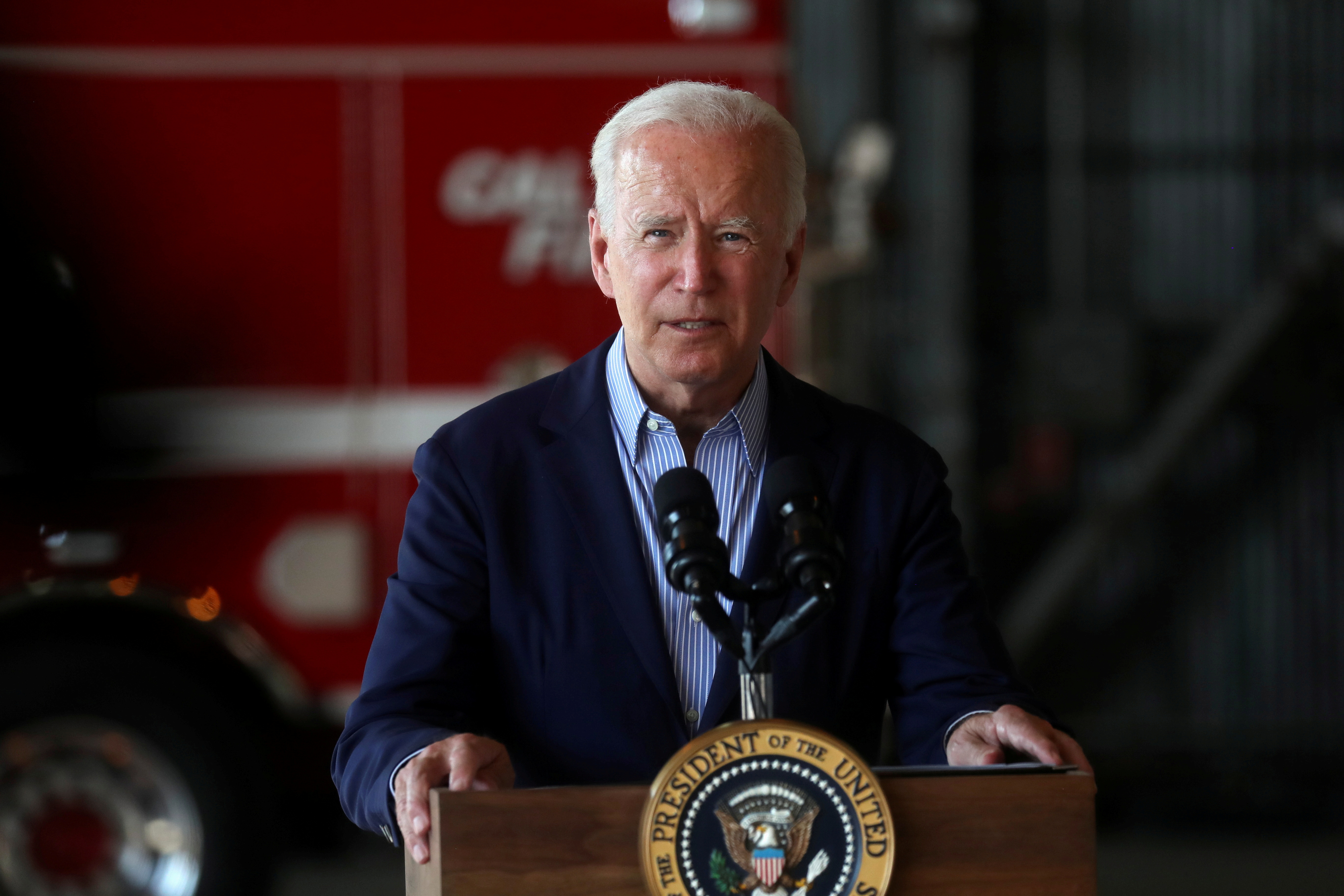 U.S. President Joe Biden gives remarks at Mather Airport, California
