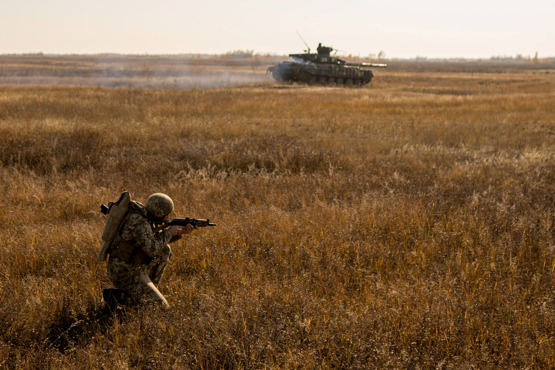 A serviceman of the Ukrainian Armed Forces takes part in military drills at a training ground near the border with Russian-annexed Crimea in Kherson region, Ukraine, in this handout picture released by the General Staff of the Armed Forces of Ukraine press service November 17, 2021. Press Service of General Staff of the Armed Forces of Ukraine/Handout via REUTERS/File Photo